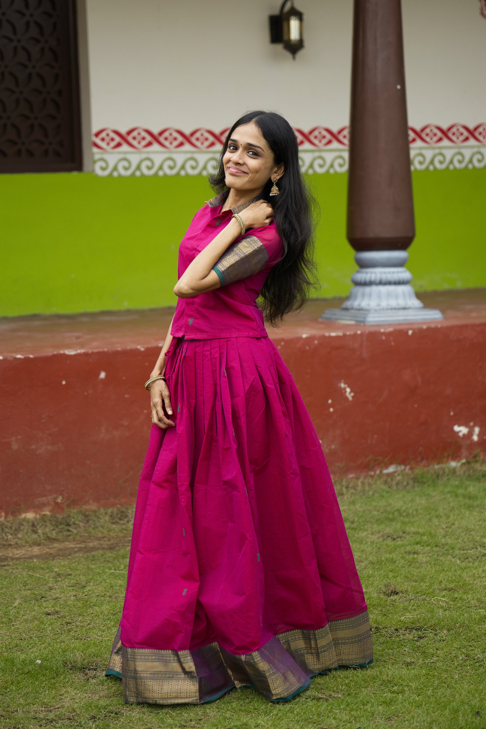 Pink Chettinad Cotton Top & Skirt Set - #NT001