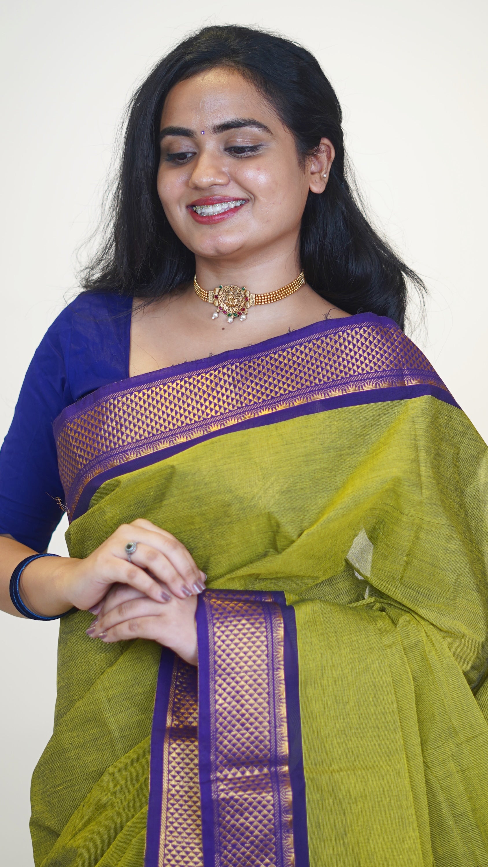 Green with Purple Border Chettinad Cotton Saree-#NS037