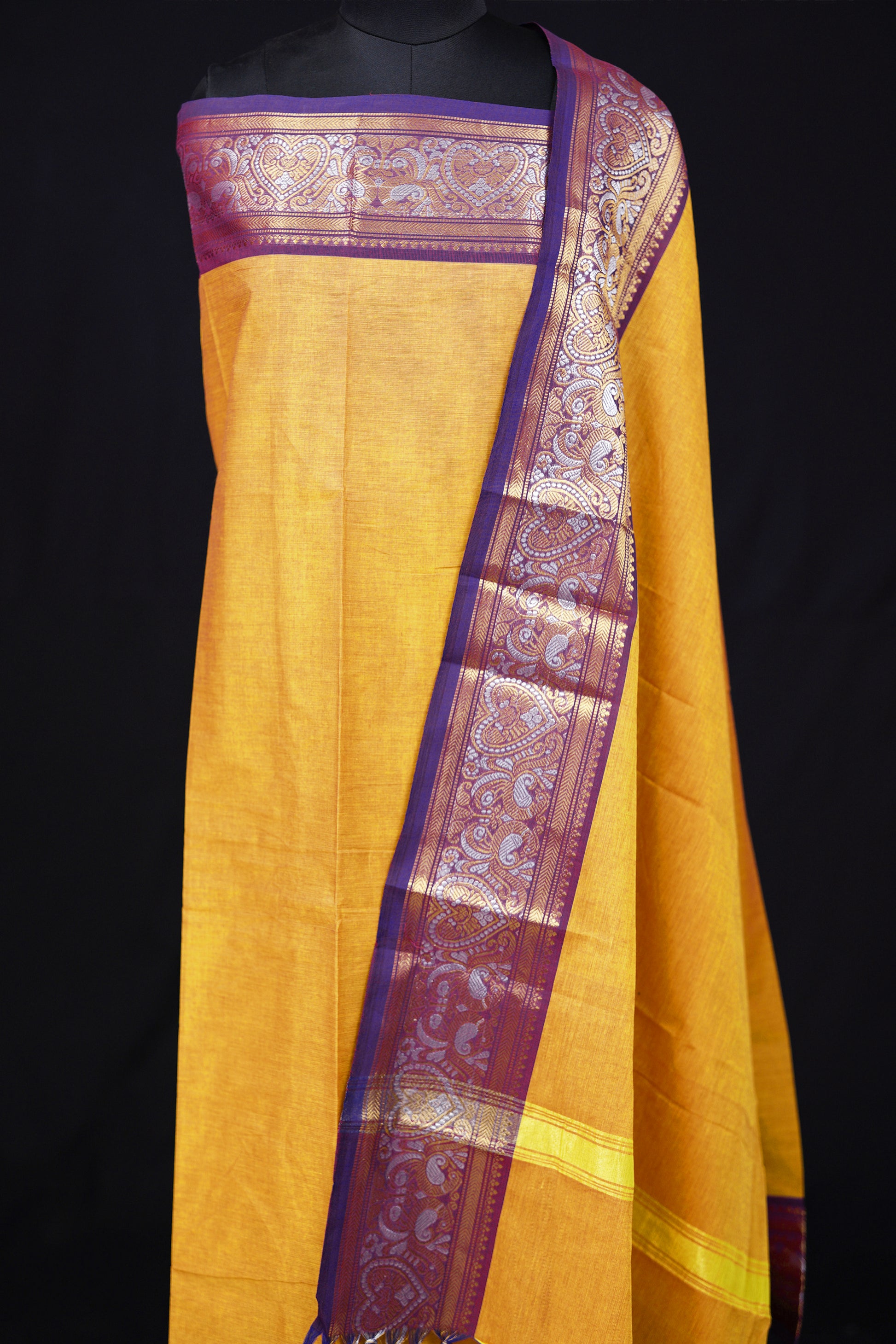 Orangish Yellow and Purple - Chettinad Cotton Unstitched Salwar Suit - #NC023