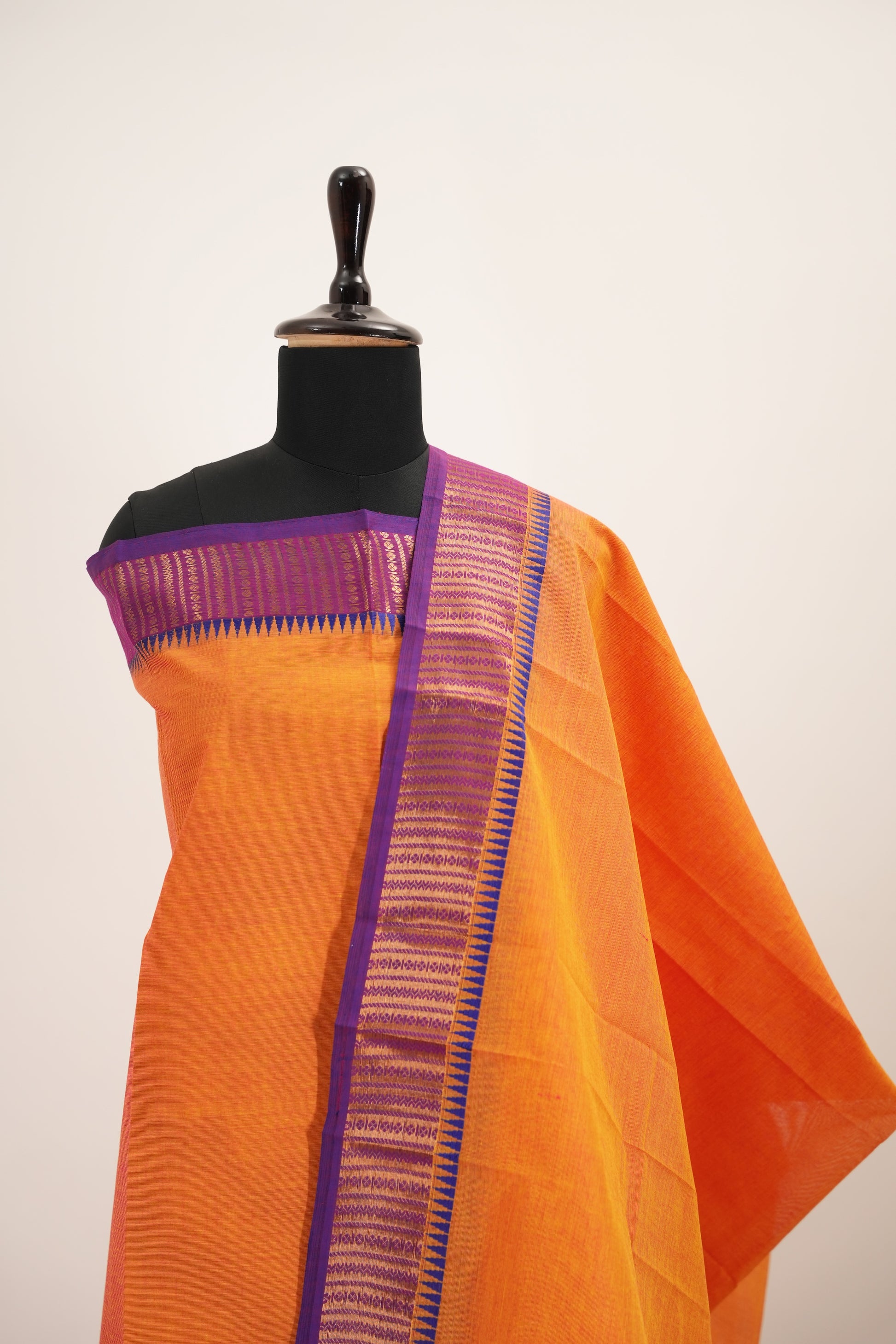 Orange with Purple Border Chettinad Cotton Unstitched Salwar Suit - #NC149
