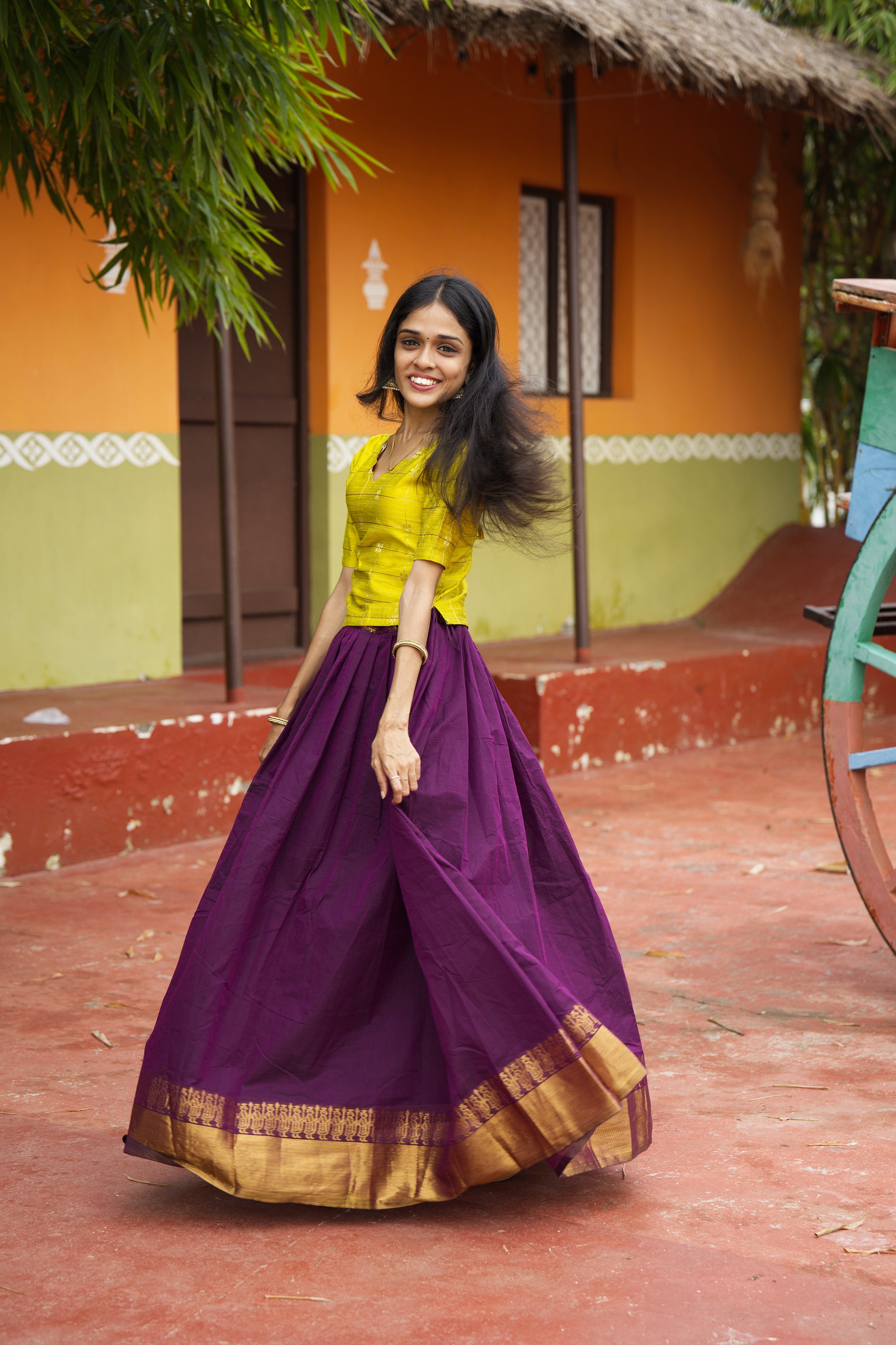 Yellow & Plum - Chettinad Cotton Top & Skirt Set - #NT002