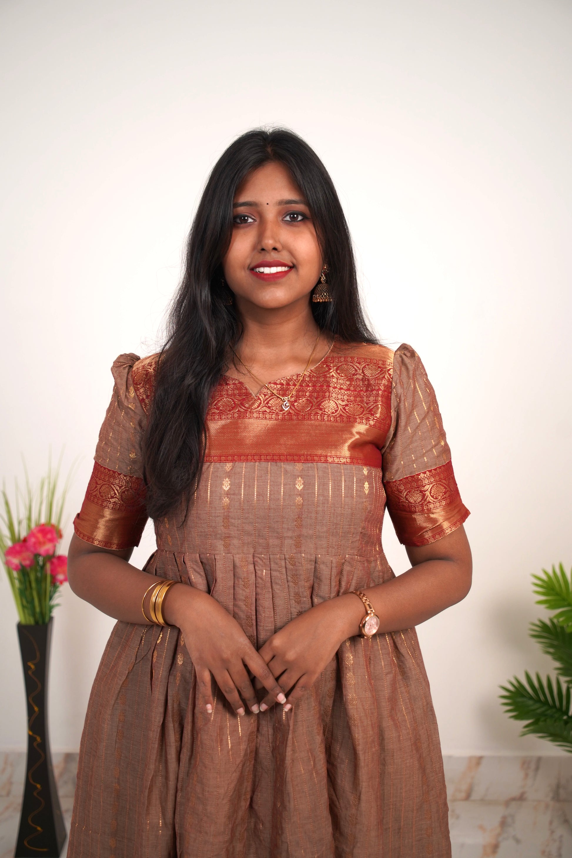 Beige with Red Border Chettinad Cotton Maxi - #NM002