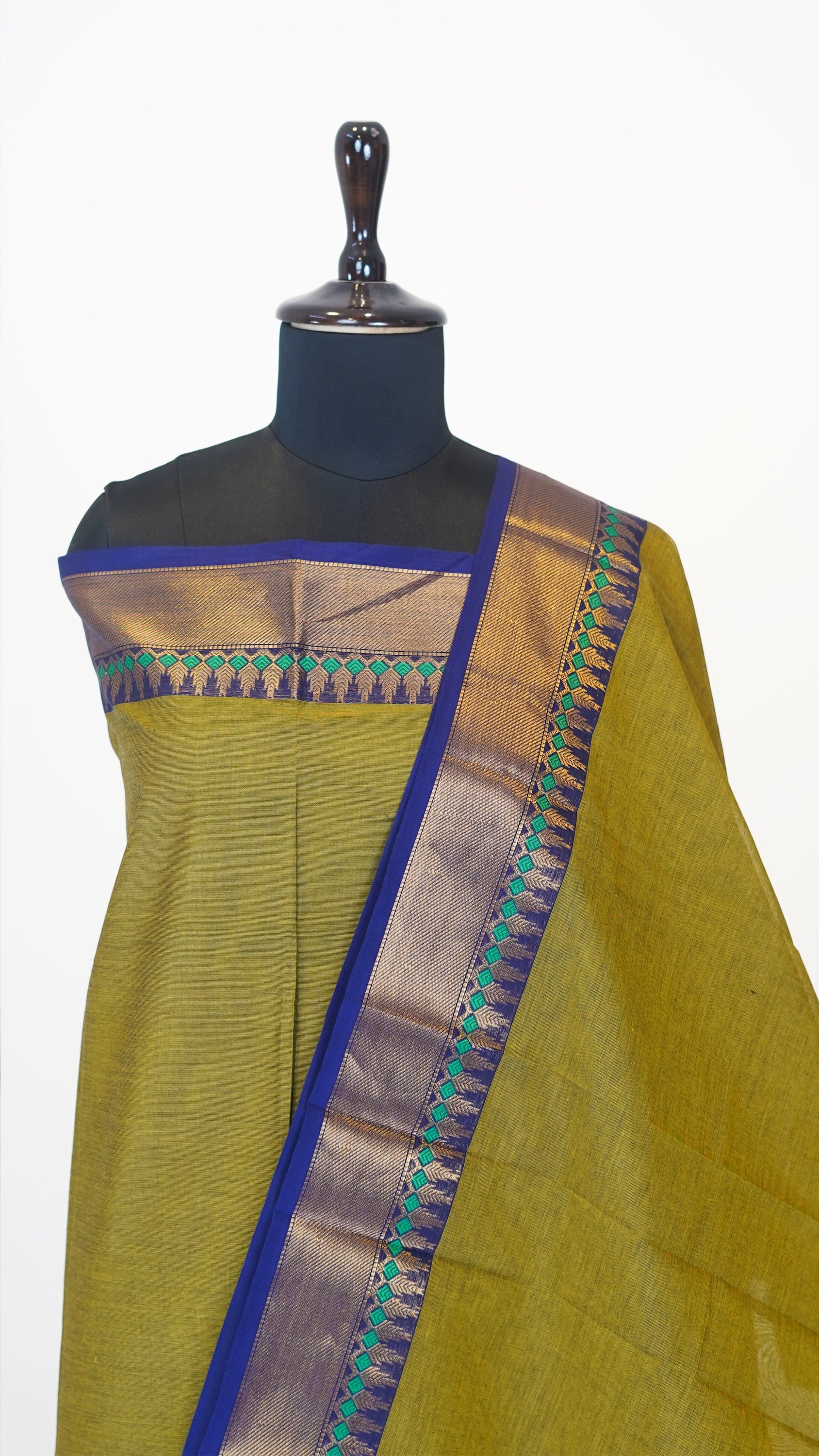 Lime Green with Blue Border Chettinad Cotton Unstitched Salwar Suit - #NC114