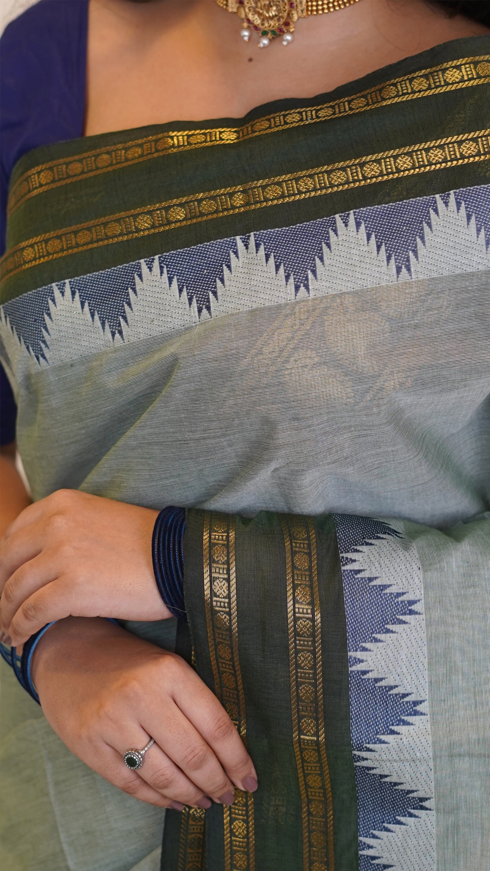 Ash Gray with Royal Blue and Green Border Chettinad Cotton Saree-#NS042