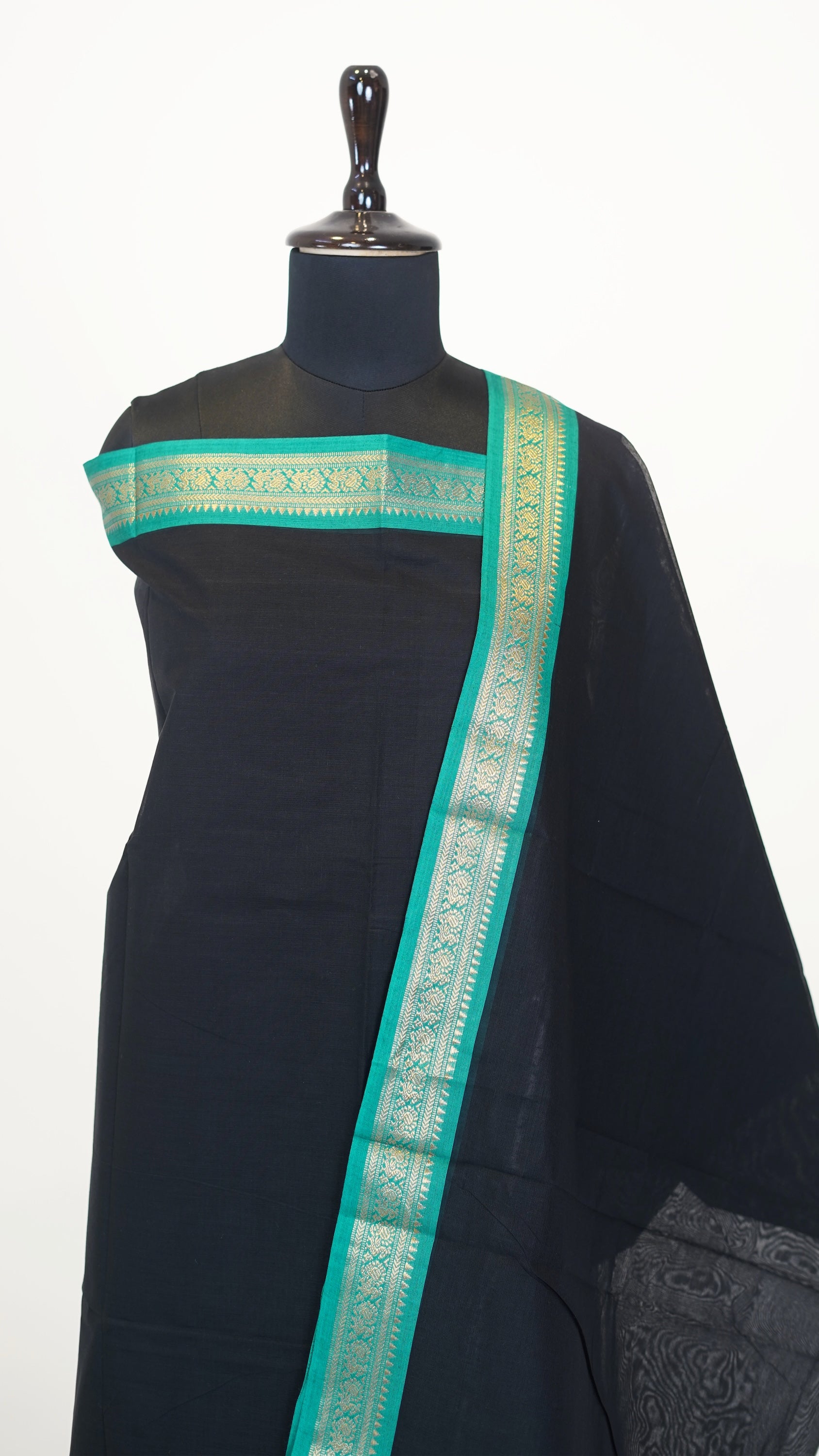 Black with Teal Green Border Chettinad Cotton Unstitched Salwar Suit - #NC117