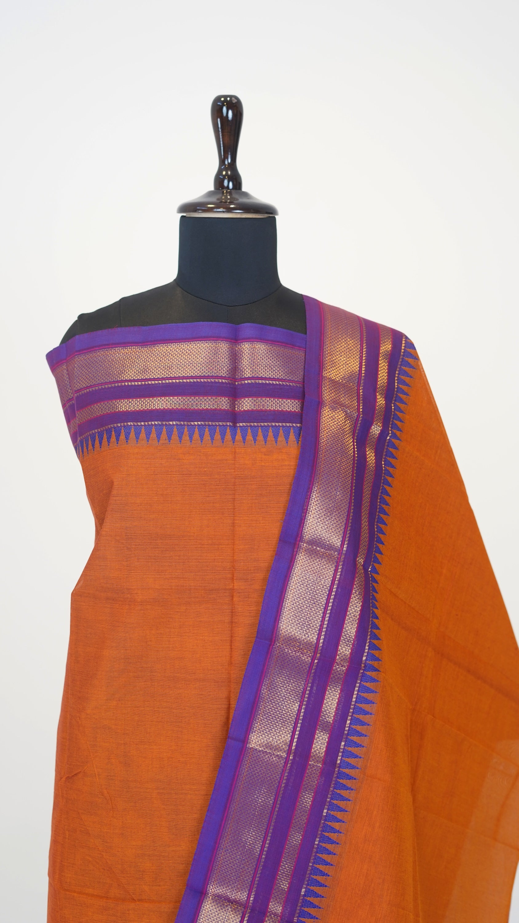 Orange with Lavender Border Chettinad Cotton Unstitched Salwar Suit - #NC119