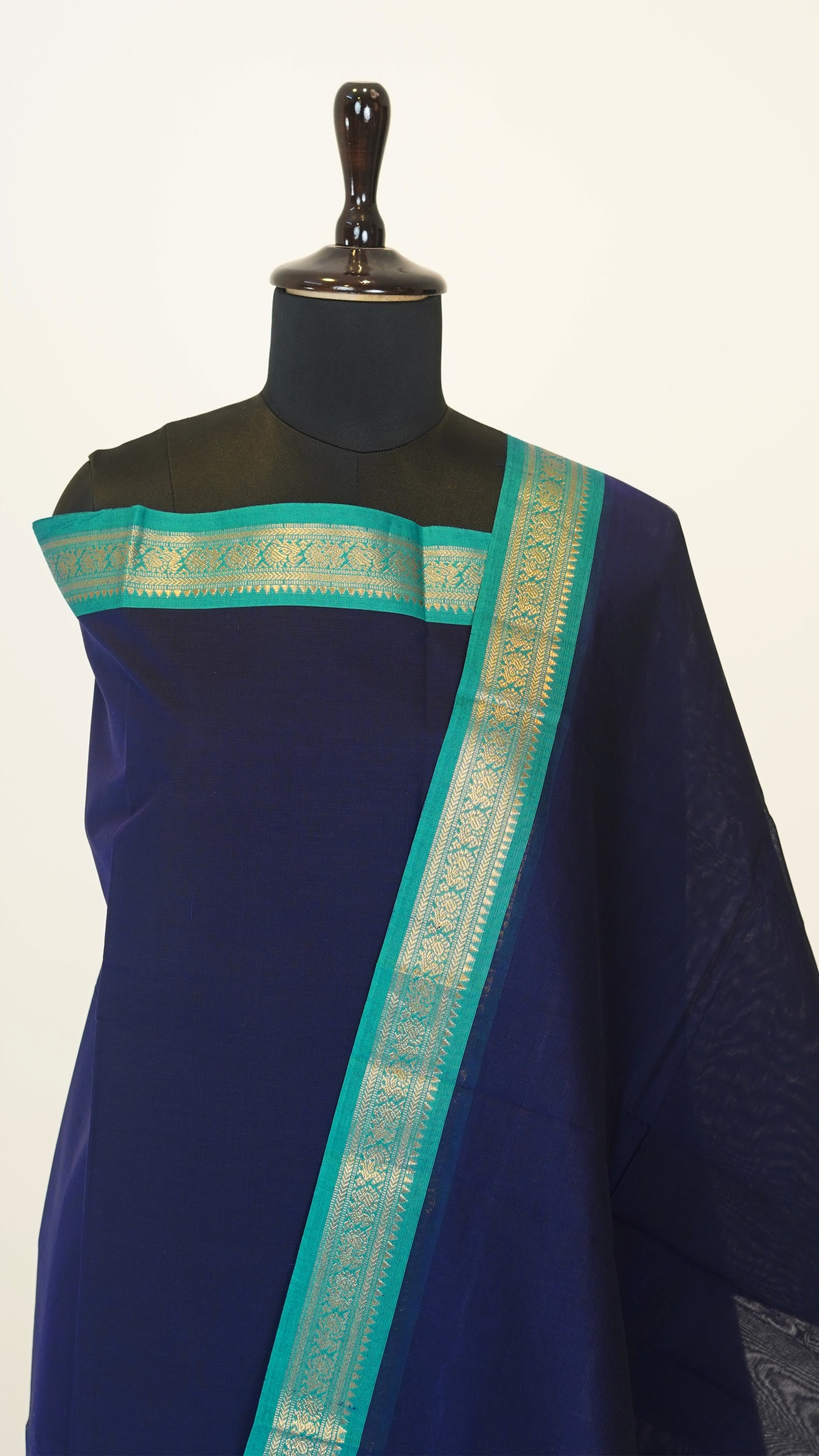 Navy Blue with Pistachio & gold Border Chettinad Cotton Unstitched Salwar Suit - #NC116