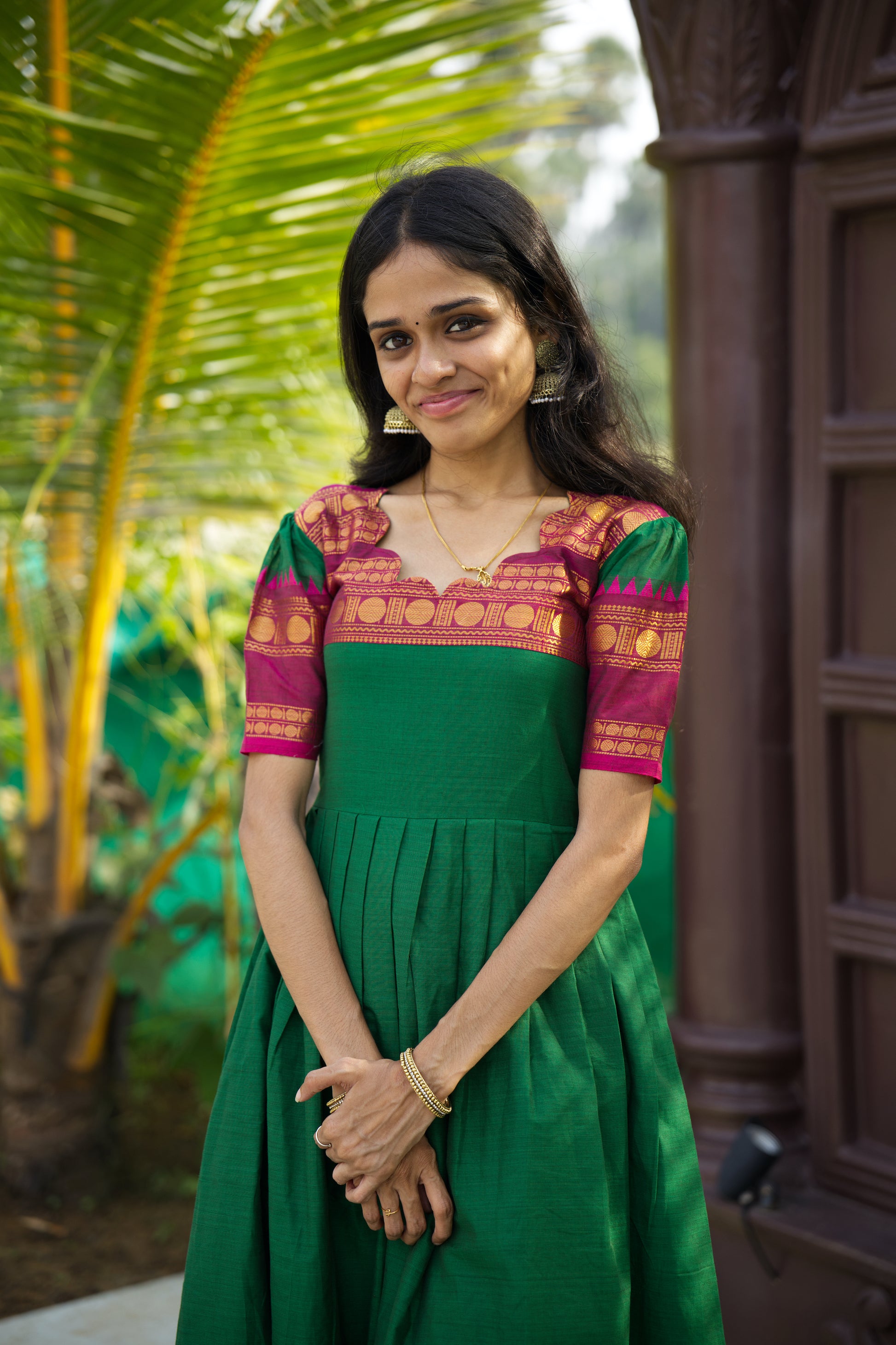 Bottle Green Chettinad Cotton Dresses - #ND001