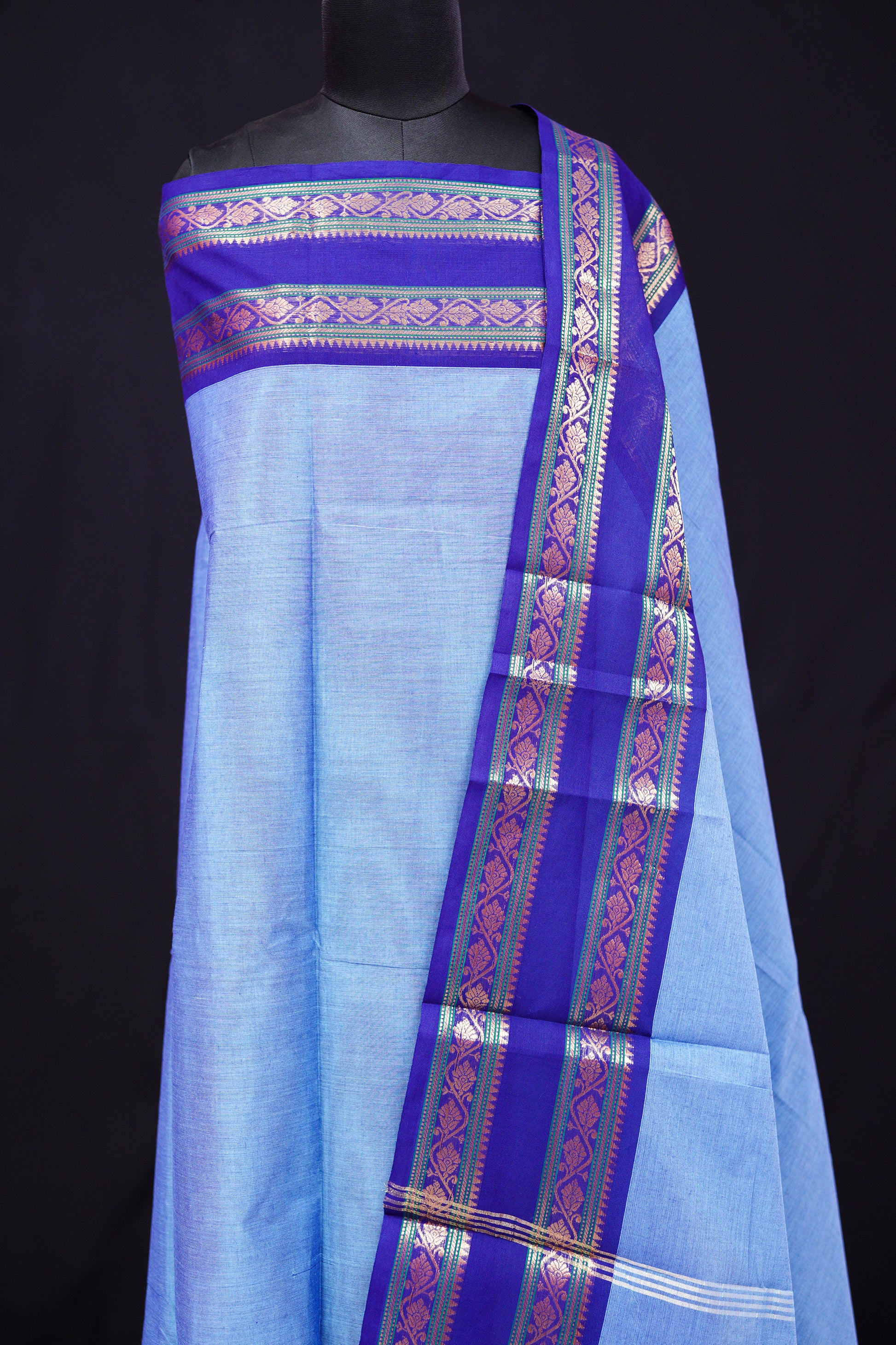 Blue - Chettinad Cotton Unstitched Salwar Suit - #NC027
