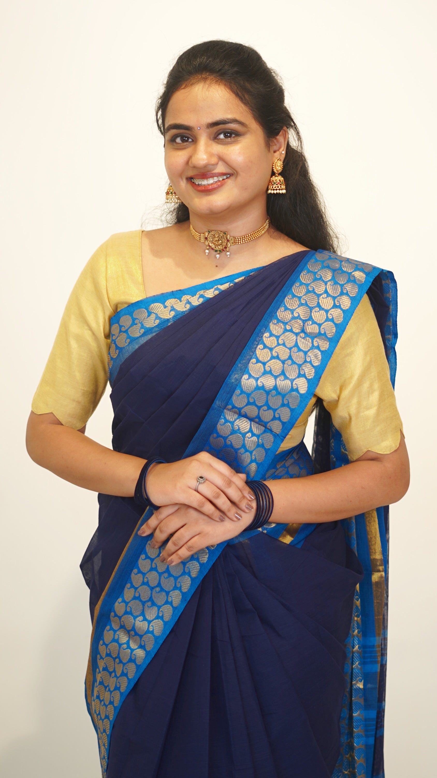 Dark Blue with Golden Manga Border Chettinad Cotton Saree-#NS029