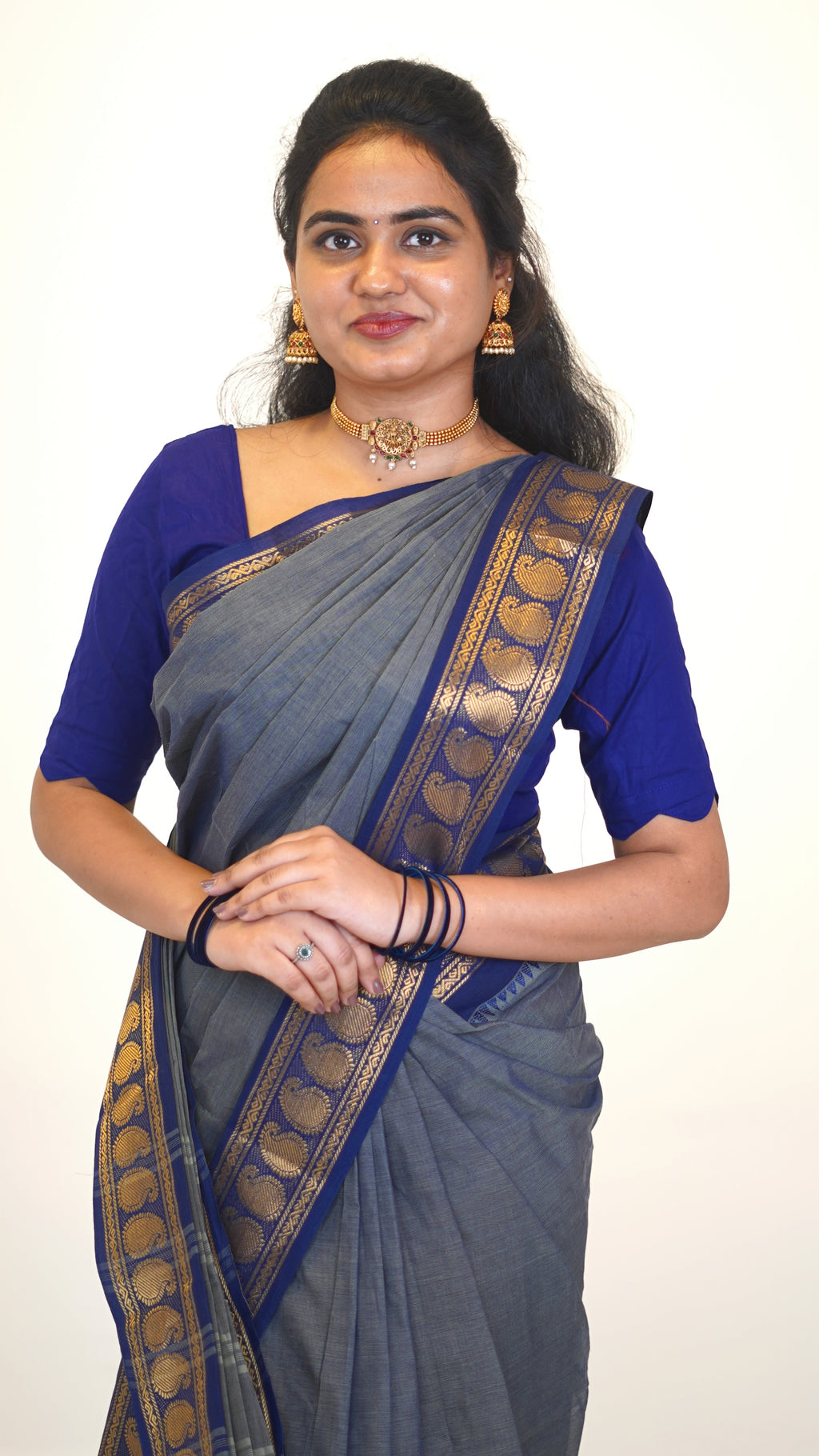 Gray with Navy Blue Border Chettinad Cotton Saree-#NS034