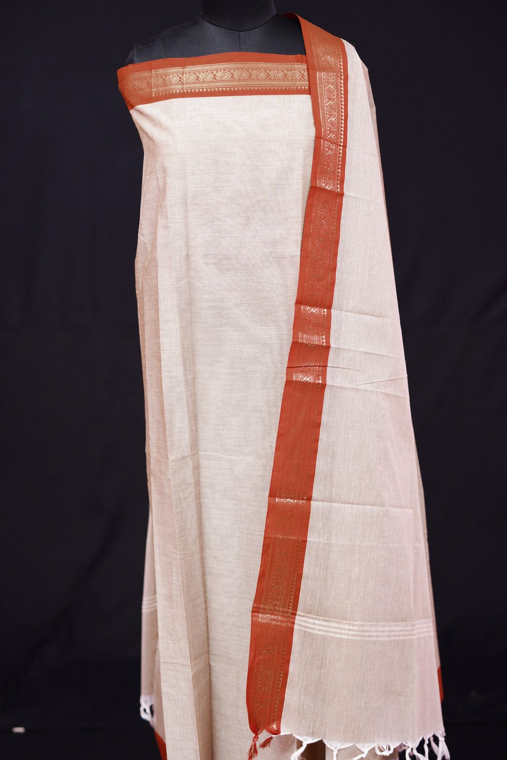 Off white and Orange - Chettinad Cotton Unstitched Salwar Suit - #NC028