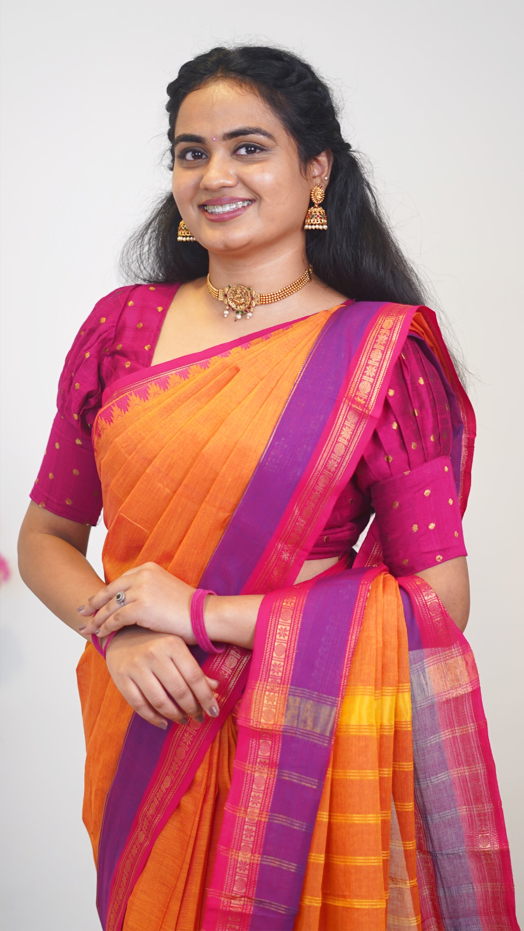 Mango with Purple and Pink Border Chettinad Cotton Saree-#NS028