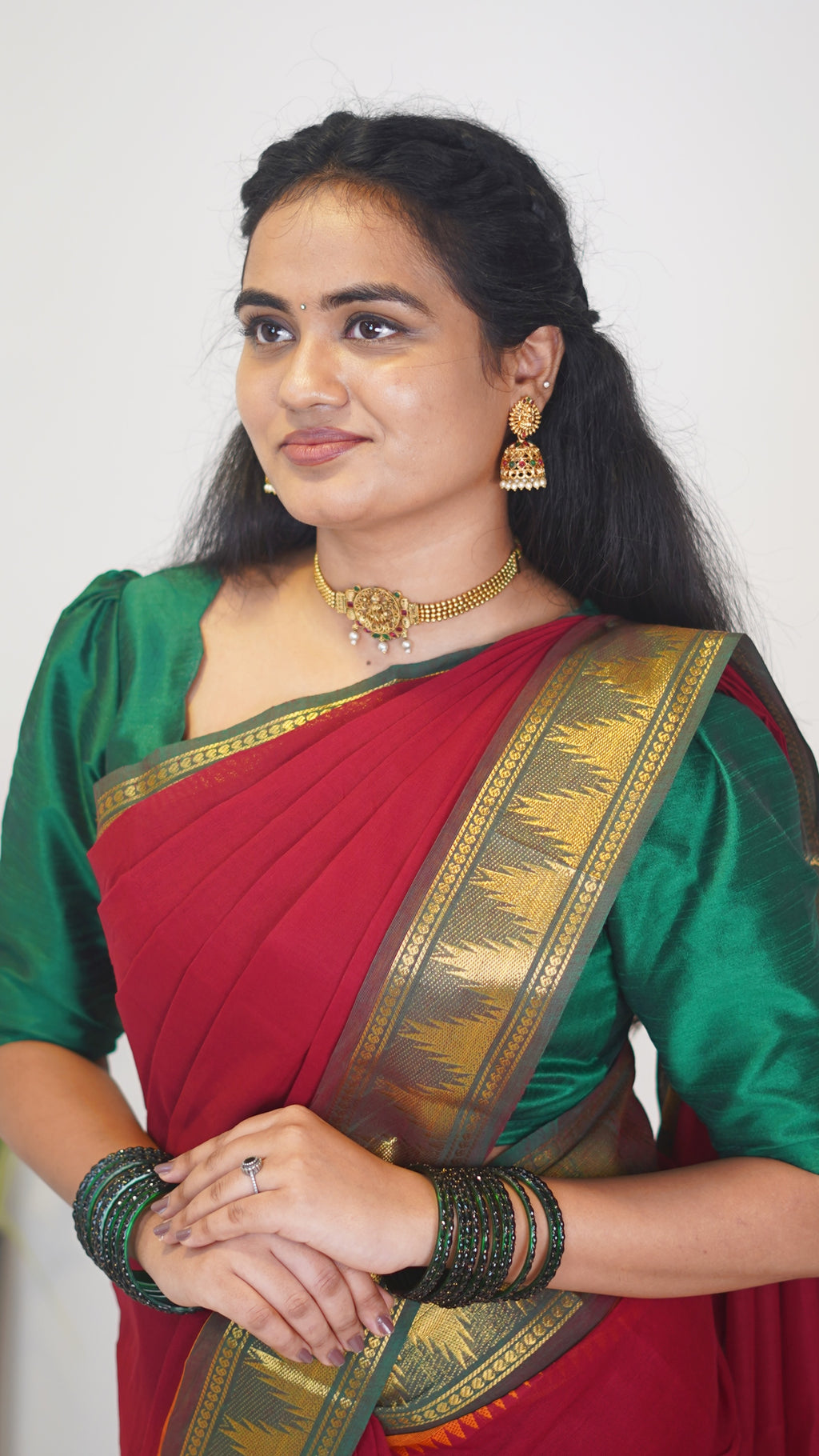 Red with Green Border Chettinad Cotton Saree-#NS026