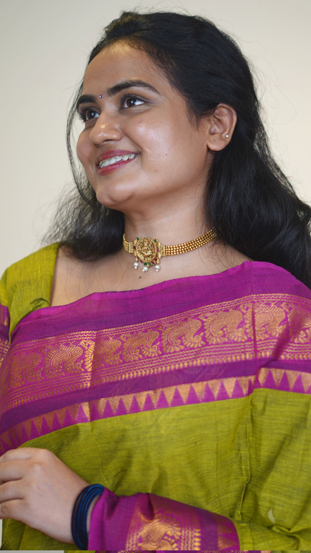 Ilai Green with PinkBorder Chettinad Cotton Saree-#NS040