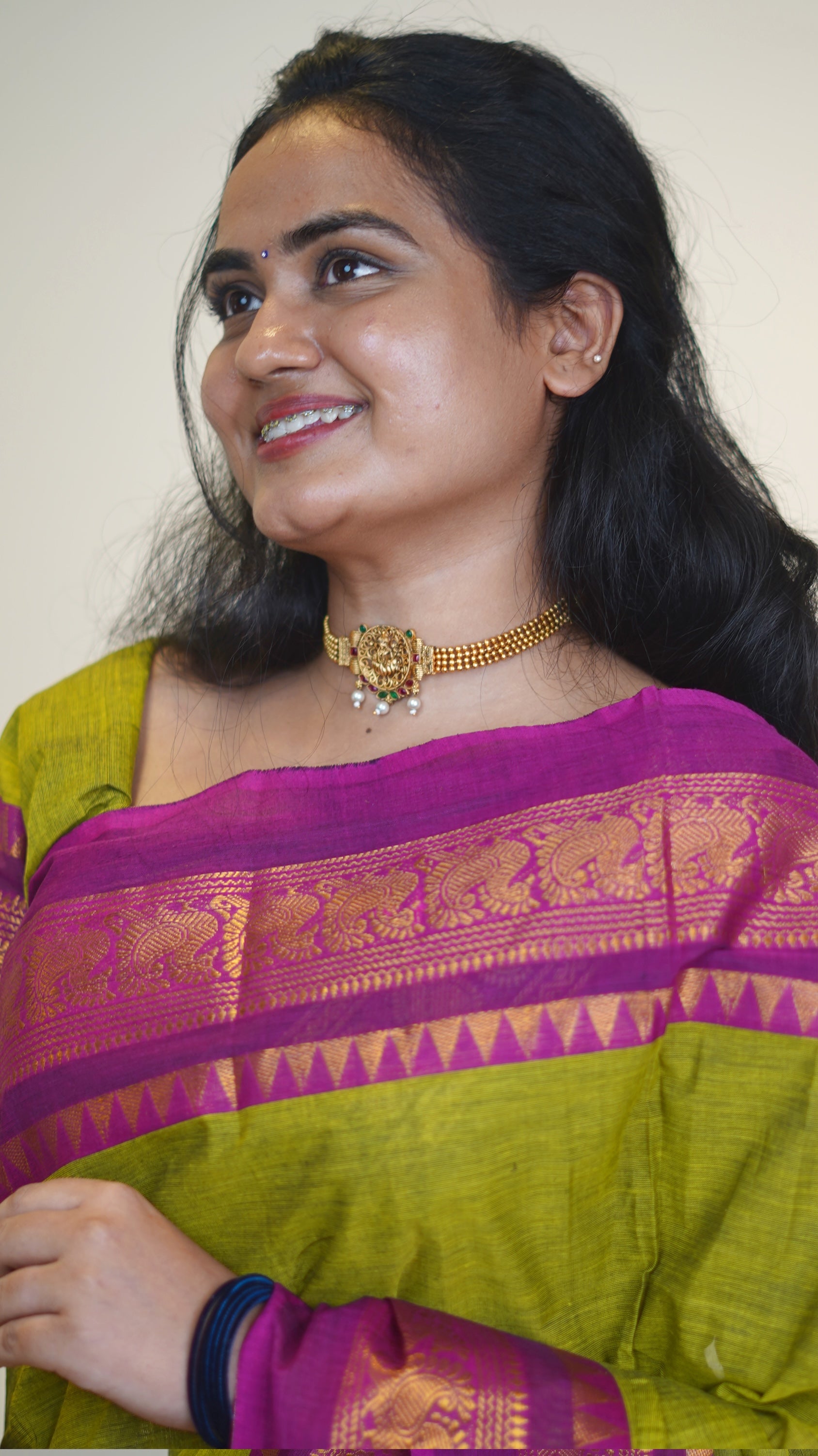 Ilai Green with PinkBorder Chettinad Cotton Saree-#NS040