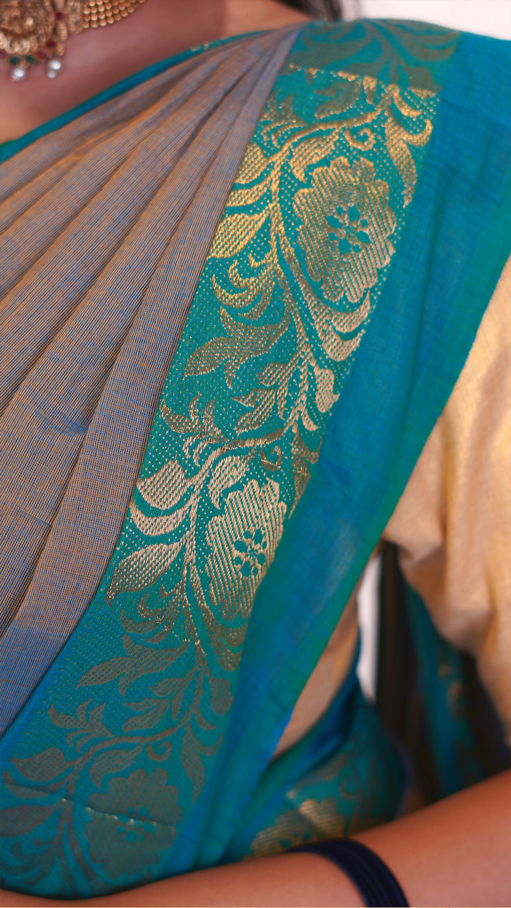 Gray with Teal Green Border Chettinad Cotton Saree-#NS031