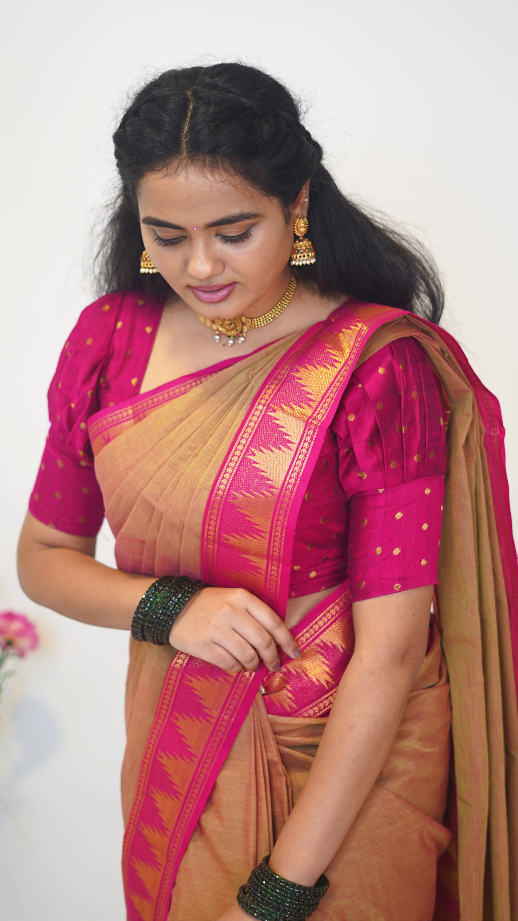 Reddish Green with Pink Border Chettinad Cotton Saree-#NS027