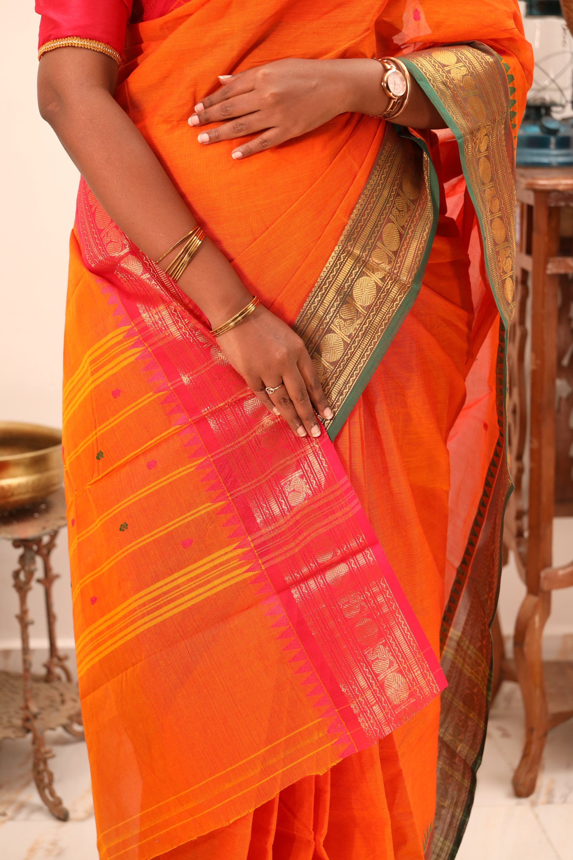 Orange Chettinad Cotton Saree with Pink and Green Border -#NS017