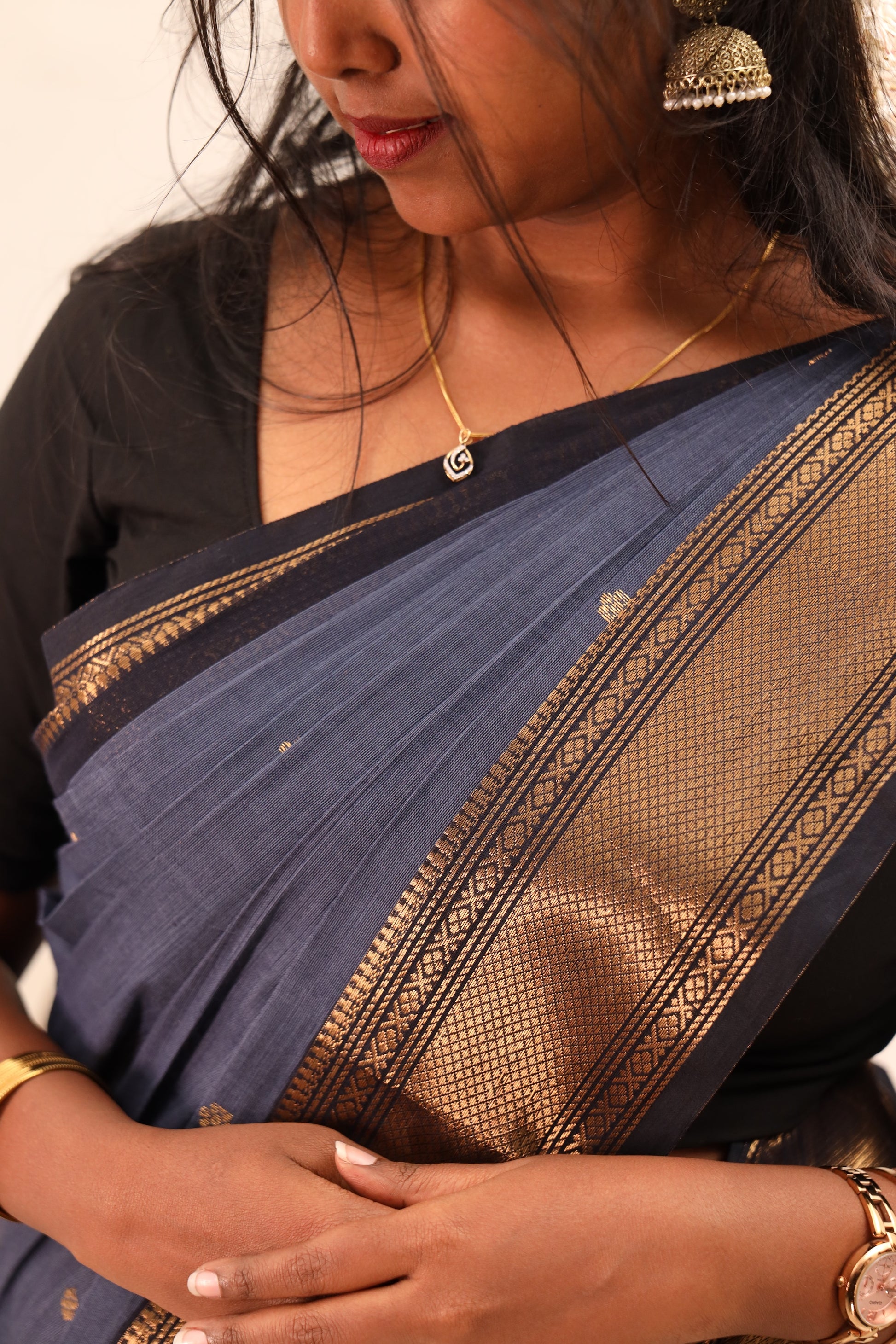 Blue Chettinad Cotton Saree with Black& Golden Border -#NS016