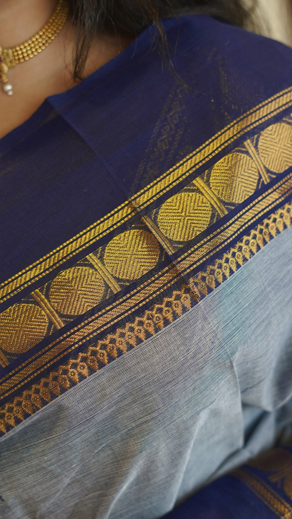 Ash Grey with Blue Border Chettinad Cotton Saree-#NS035