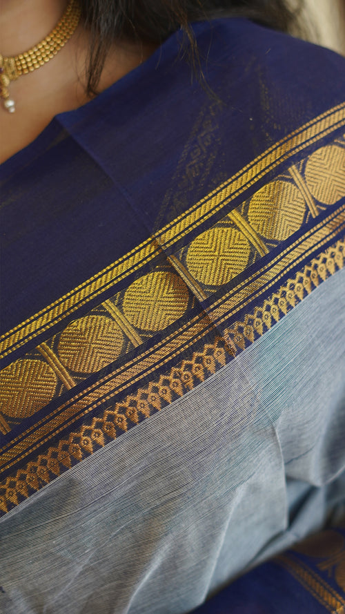 Ash Grey with Blue Border Chettinad Cotton Saree-#NS035