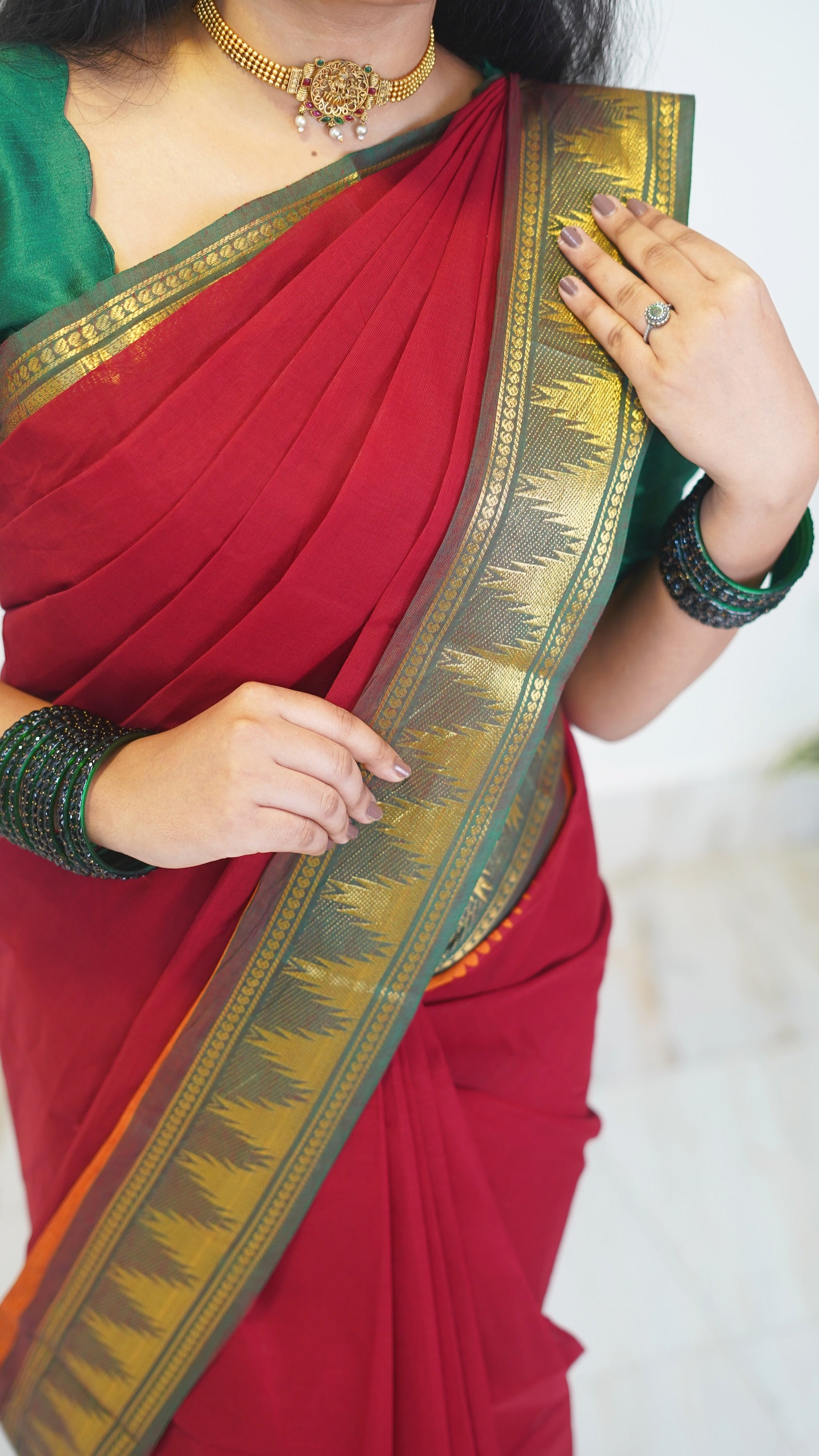 Red with Green Border Chettinad Cotton Saree-#NS026