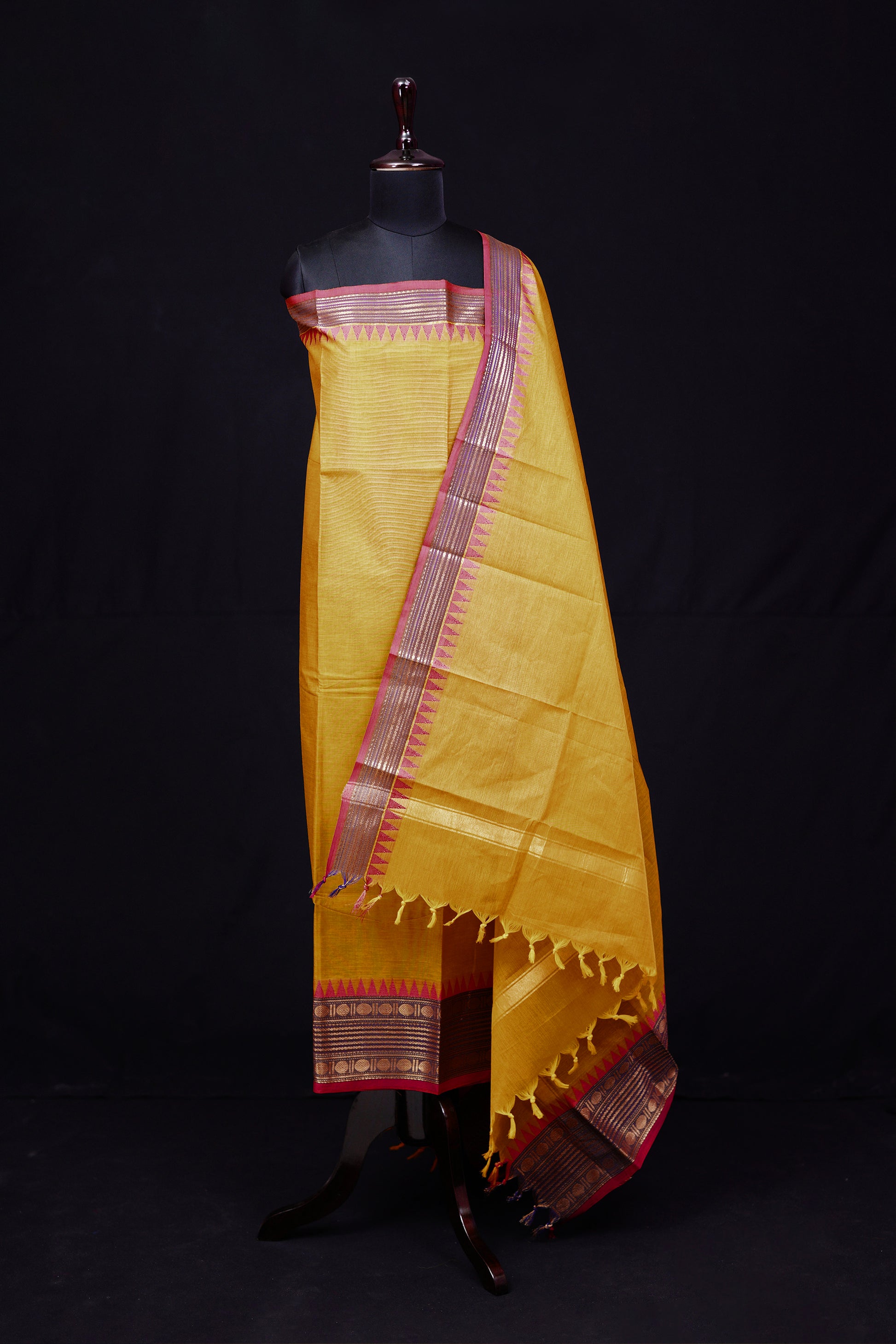 Yellow and Pink - Chettinad Cotton Unstitched Salwar Suit - #NC018