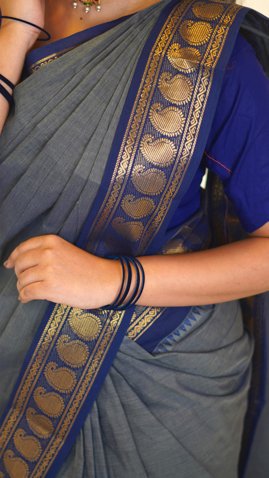 Gray with Navy Blue Border Chettinad Cotton Saree-#NS034