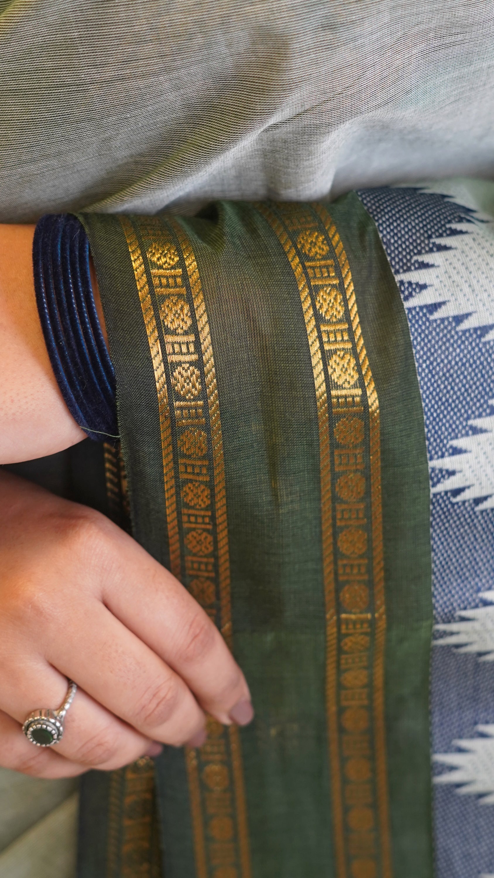 Ash Gray with Royal Blue and Green Border Chettinad Cotton Saree-#NS042