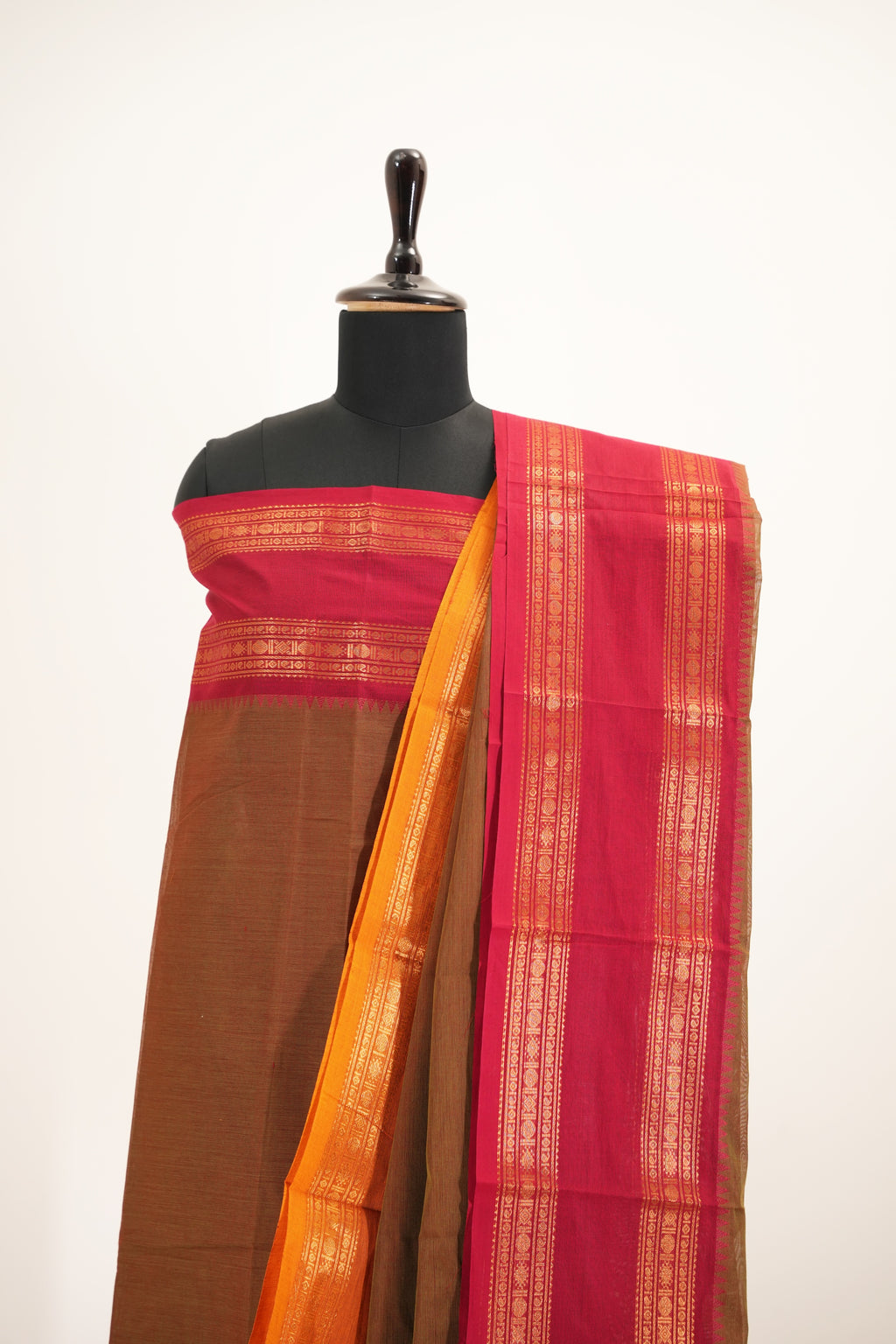 Beige with Multi color Border Chettinad Cotton Unstitched Salwar Suit - #NC145