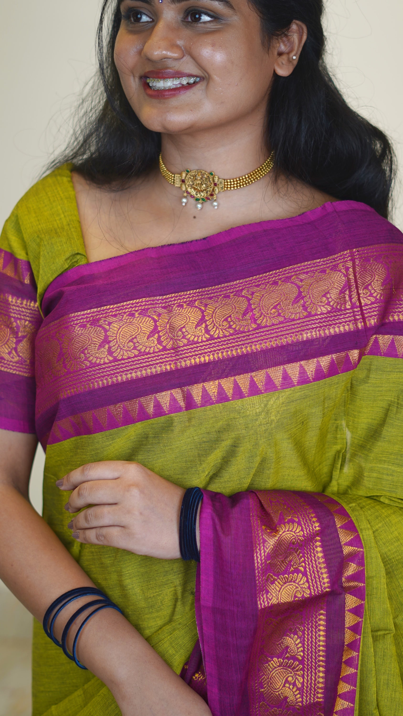 Ilai Green with PinkBorder Chettinad Cotton Saree-#NS040
