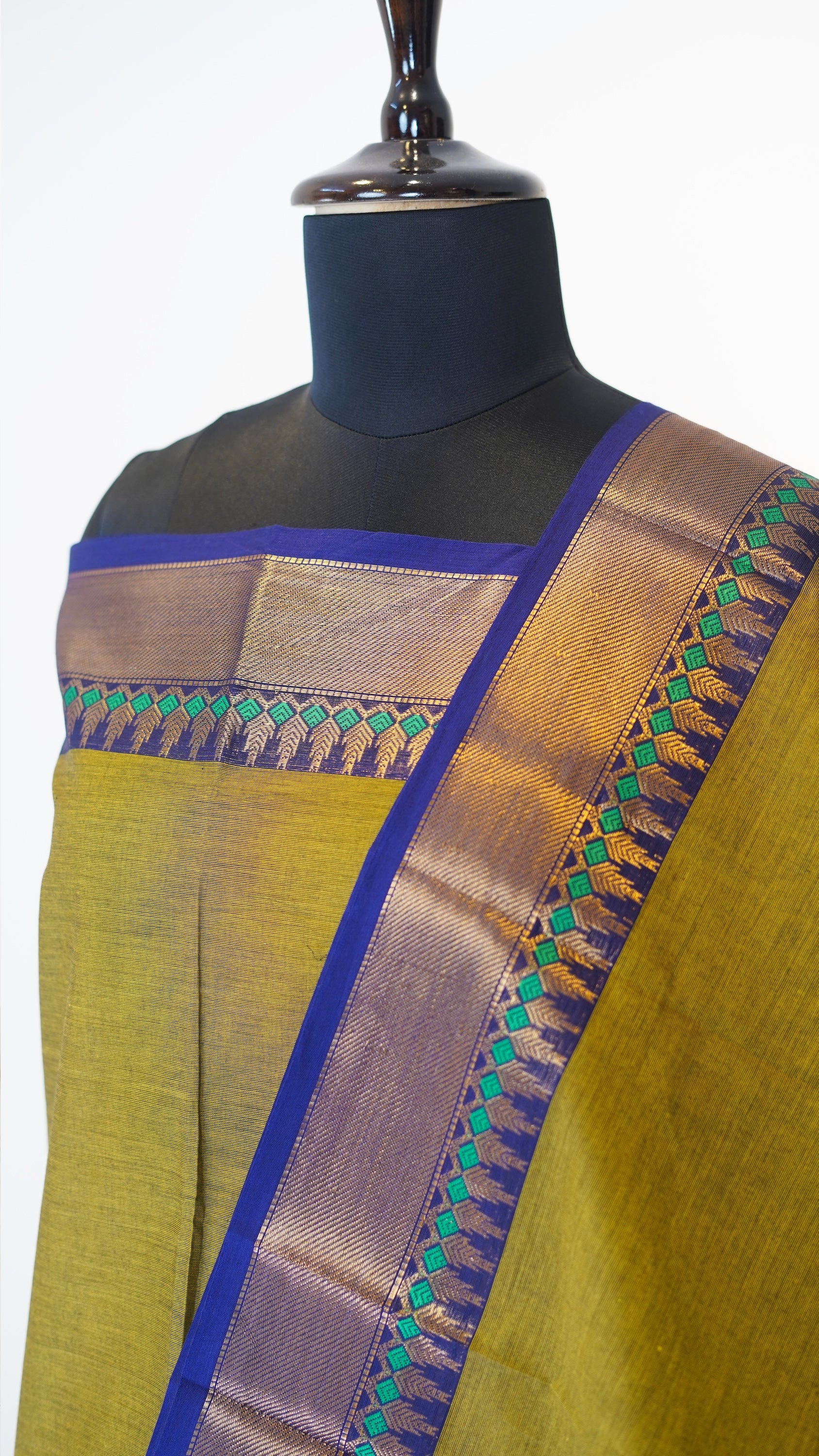 Lime Green with Blue Border Chettinad Cotton Unstitched Salwar Suit - #NC114