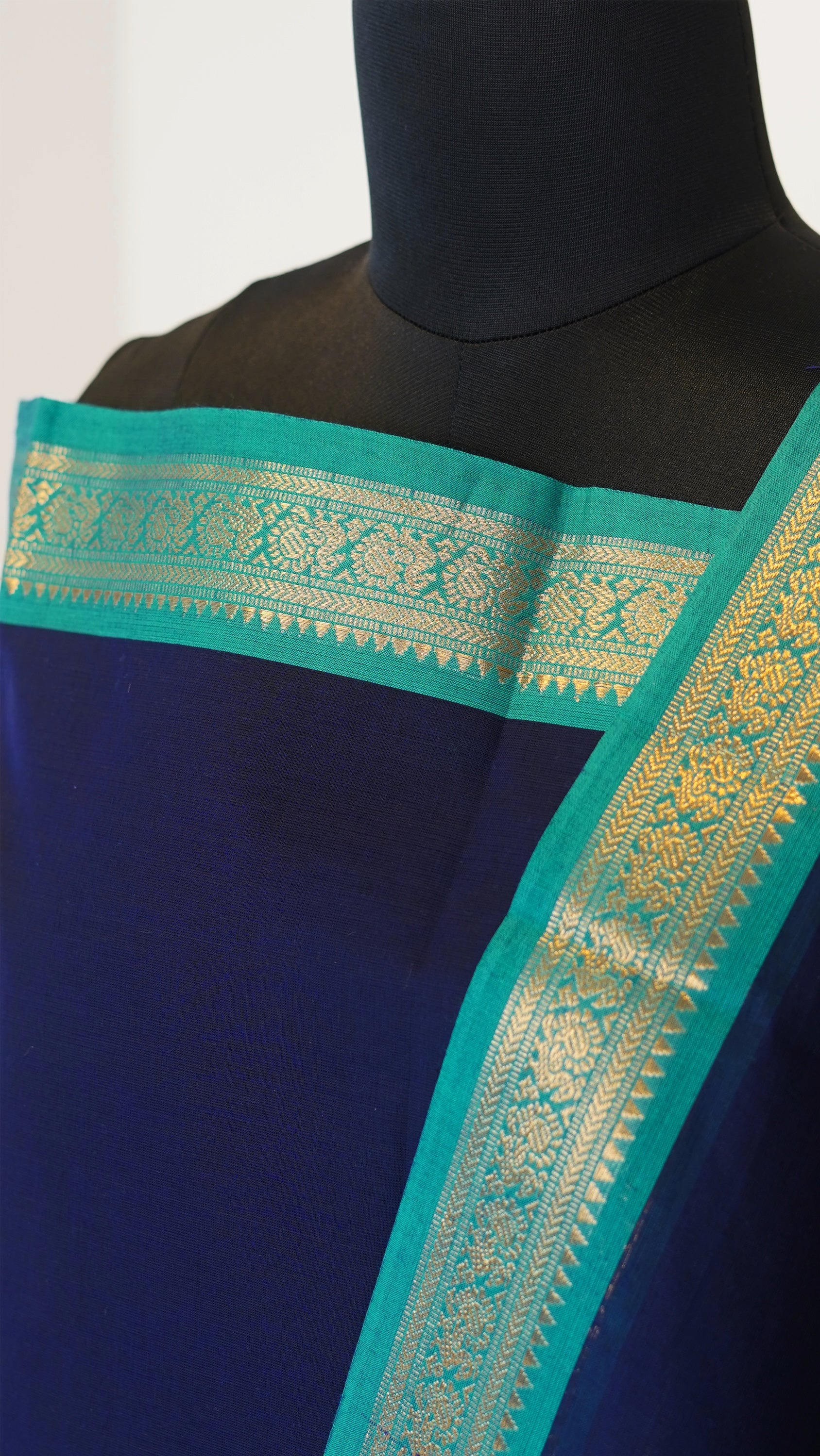 Navy Blue with Pistachio & gold Border Chettinad Cotton Unstitched Salwar Suit - #NC116