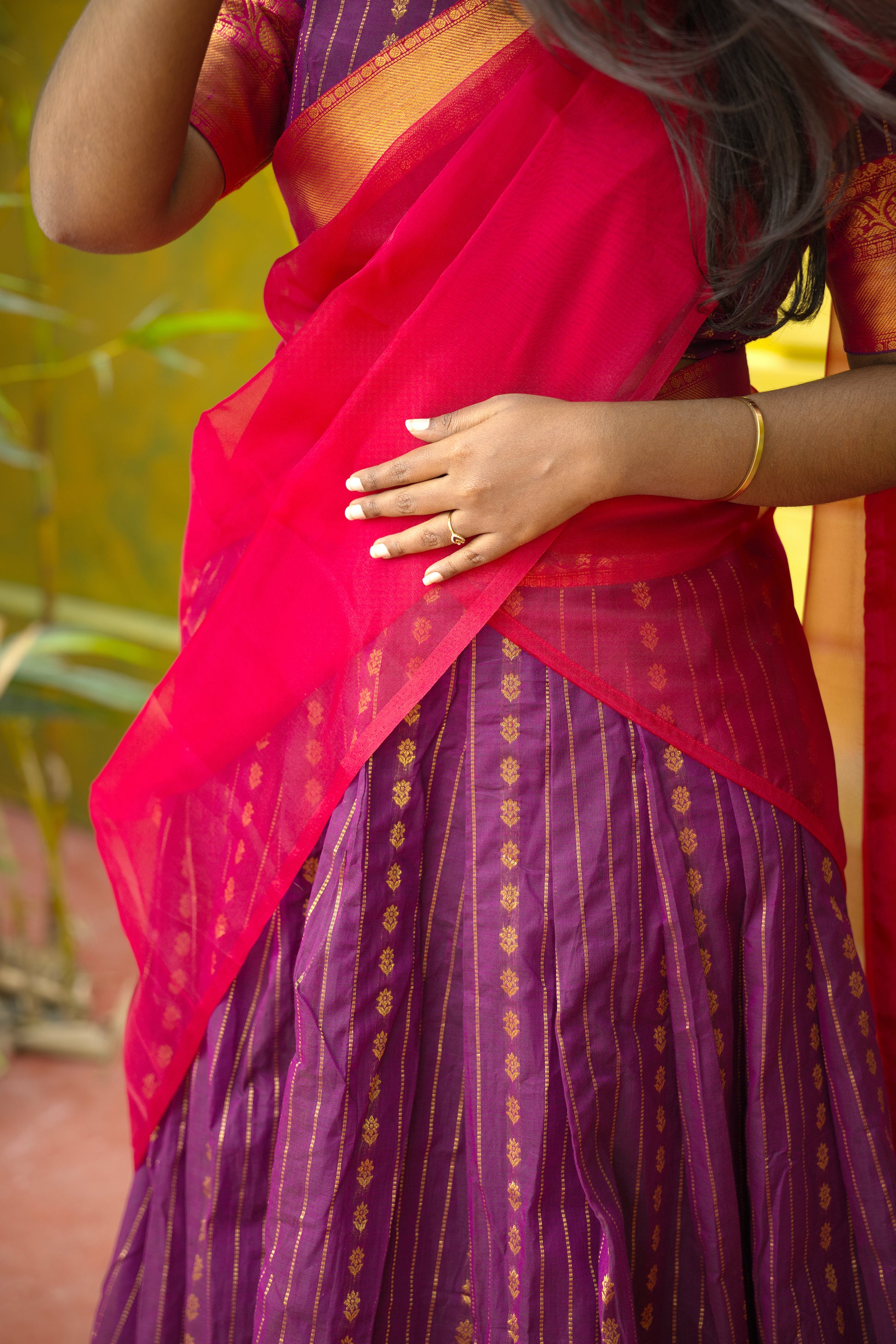 Deep Purple & Cherry Red - Chettinad Cotton Half Saree - NH002