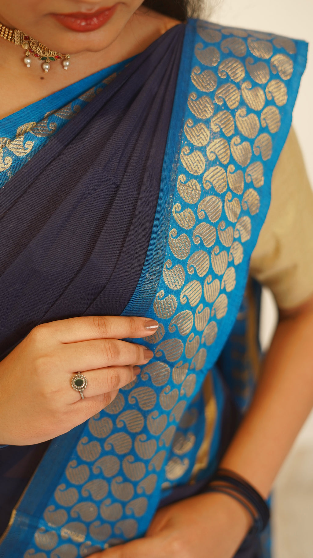 Dark Blue with Golden Manga Border Chettinad Cotton Saree-#NS029