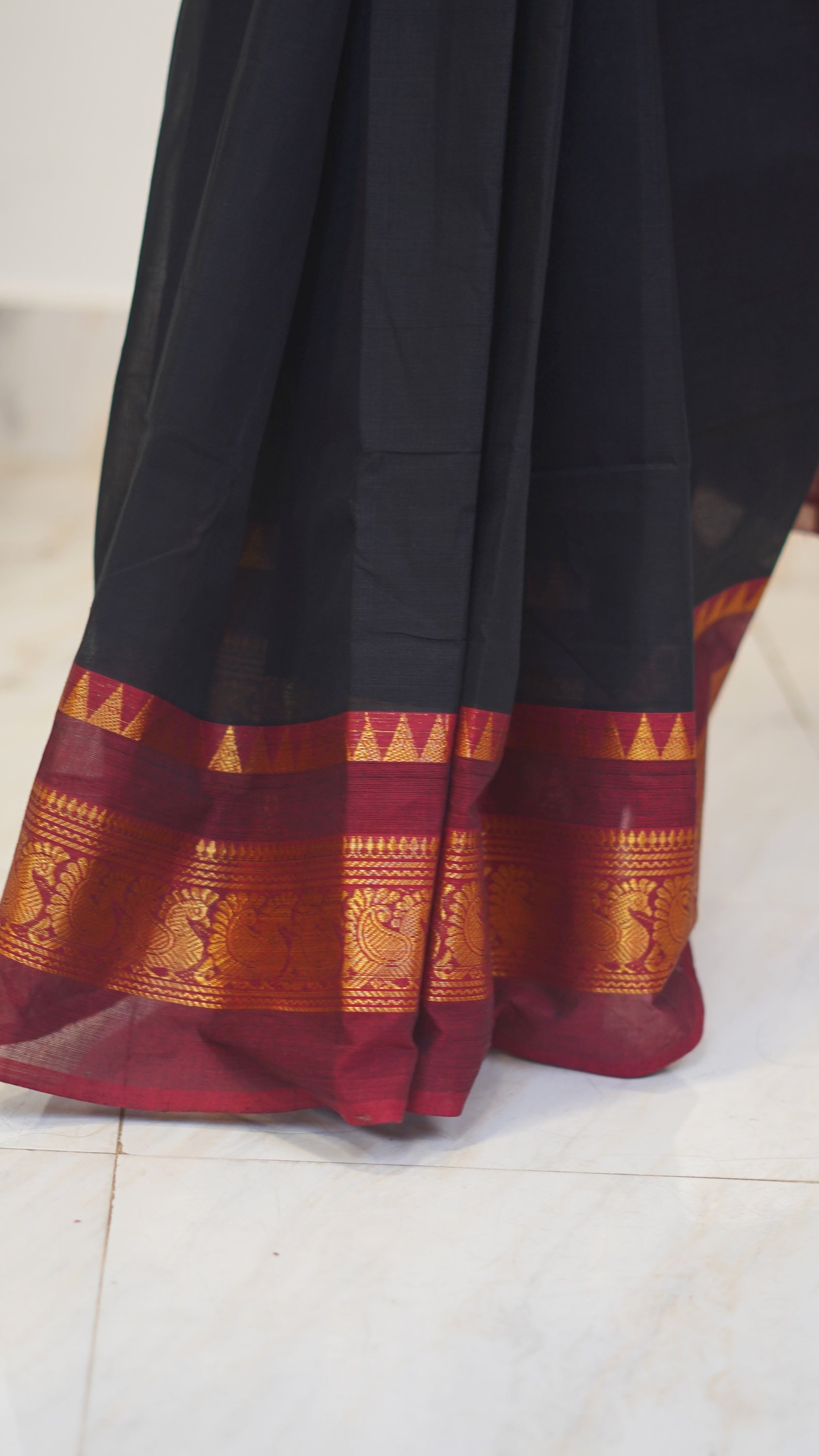 Black with Red Border Chettinad Cotton Saree-#NS030