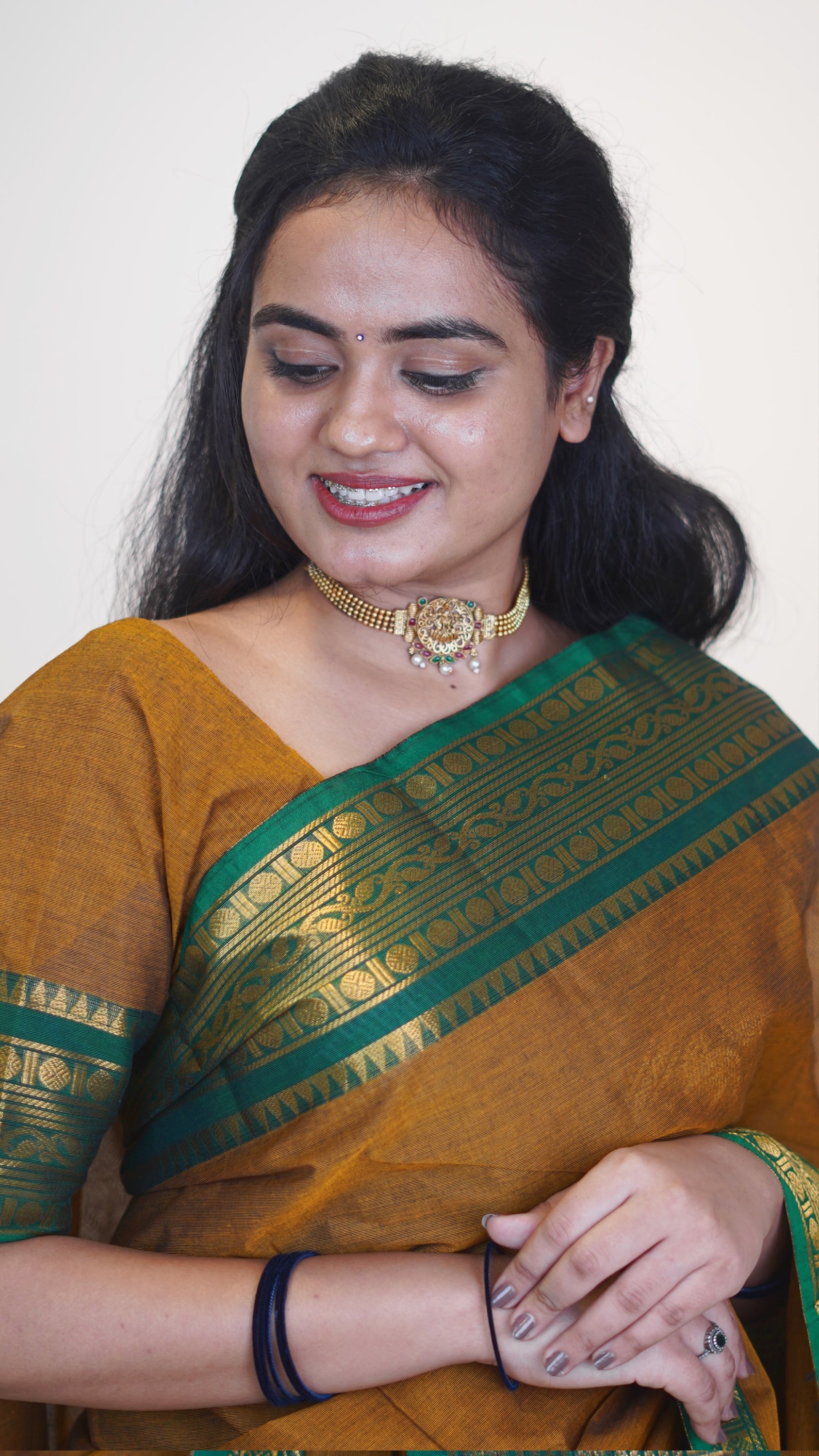Mustard with Green Border Chettinad Cotton Saree-#NS039
