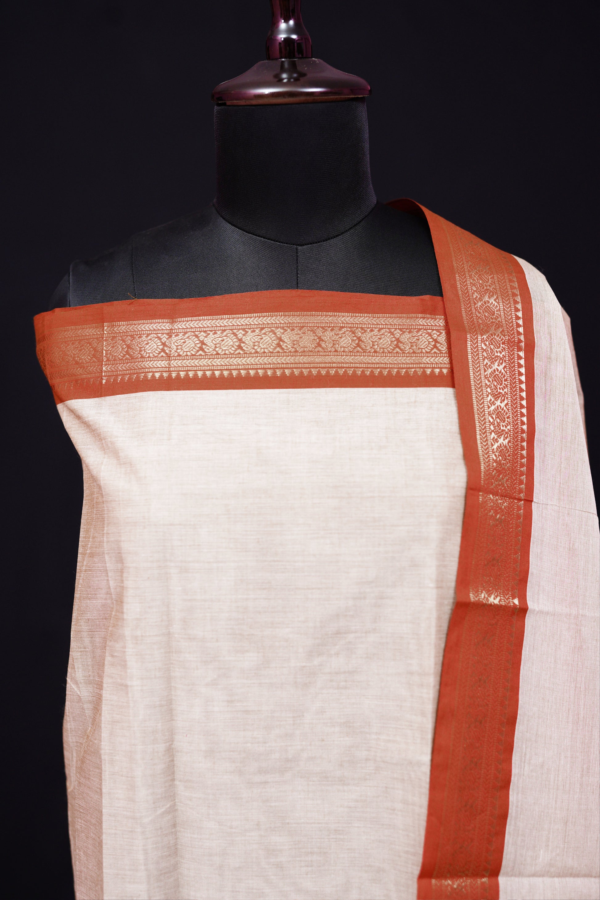 Off white and Orange - Chettinad Cotton Unstitched Salwar Suit - #NC028