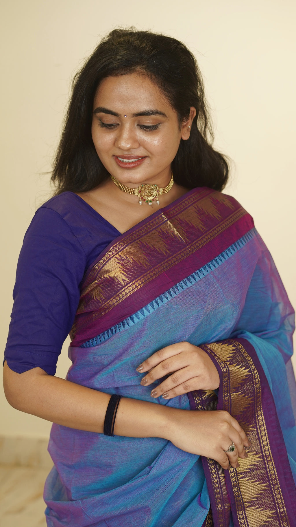 Peacock Blue with Dark Brown Border Chettinad Cotton Saree-#NS036