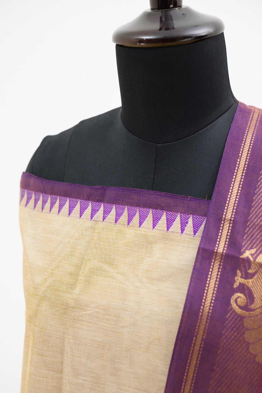Beige with Purple border Chettinad Cotton Unstitched Salwar Suit - #NC041