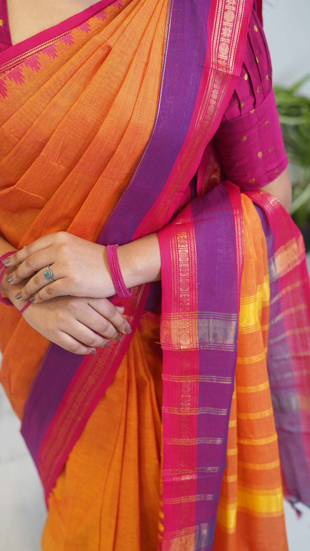 Mango with Purple and Pink Border Chettinad Cotton Saree-#NS028