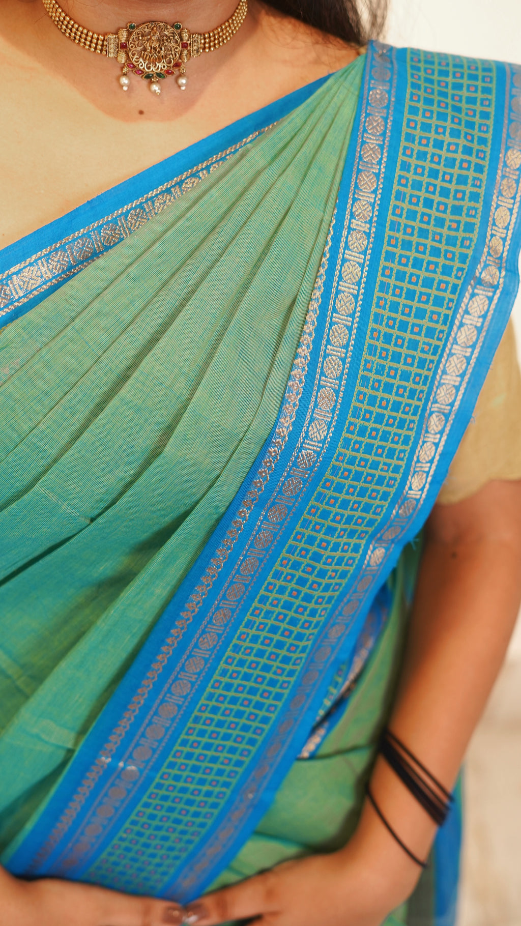 Sea Green with Blue Border Chettinad Cotton Saree-#NS032