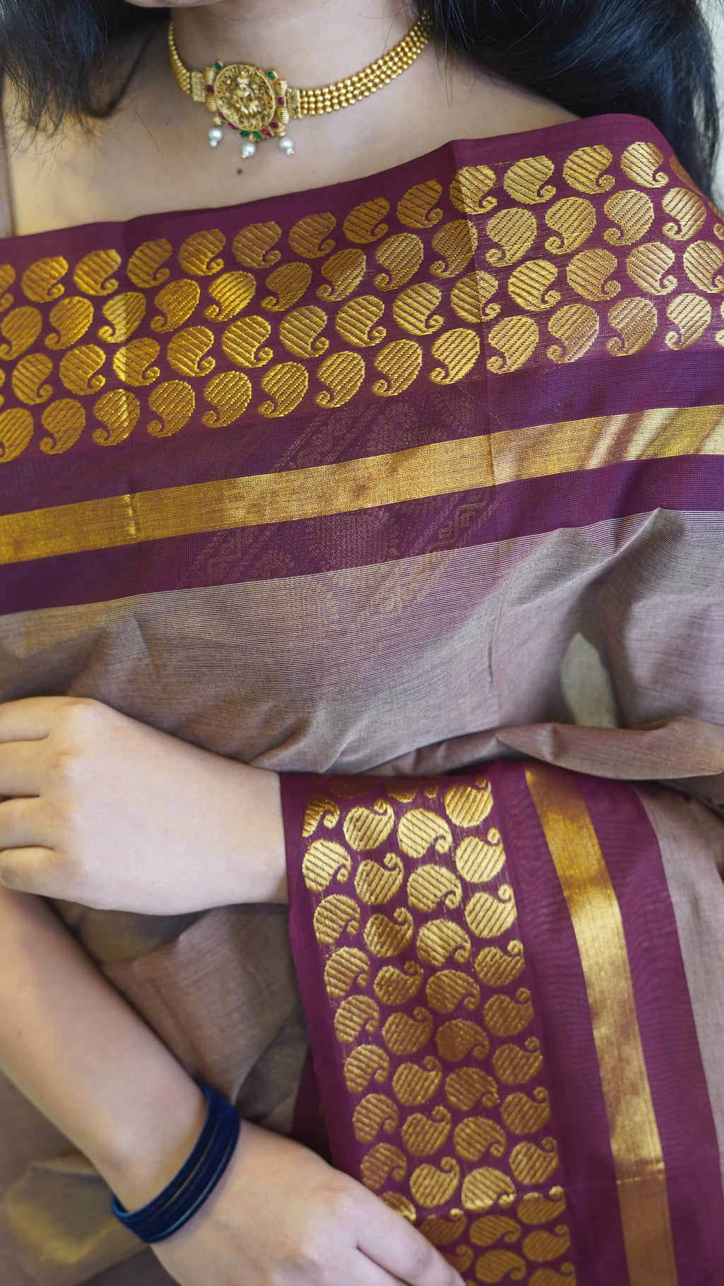 Dark Beige with Brown Border Chettinad Cotton Saree-#NS038