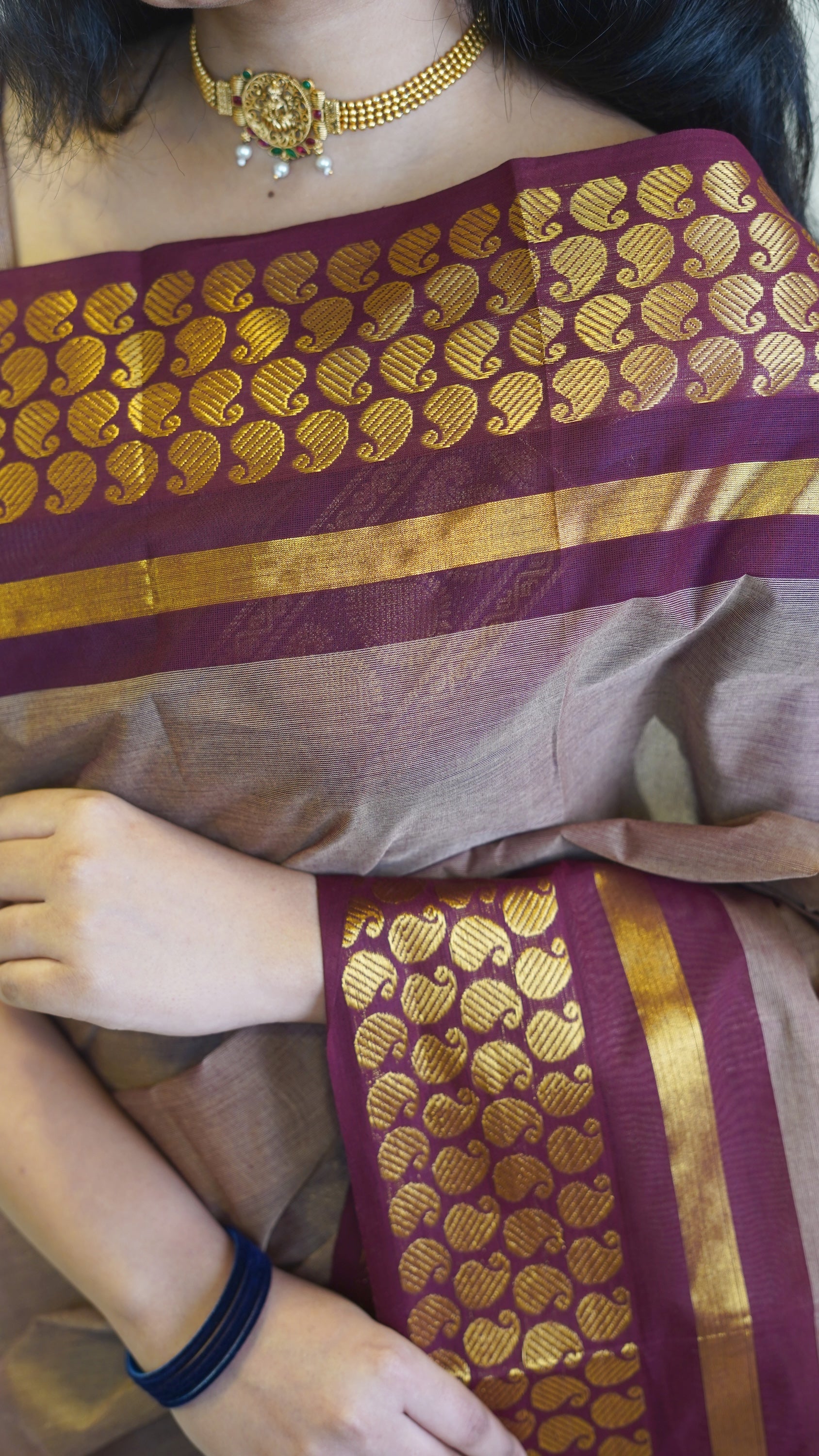 Dark Beige with Brown Border Chettinad Cotton Saree-#NS038
