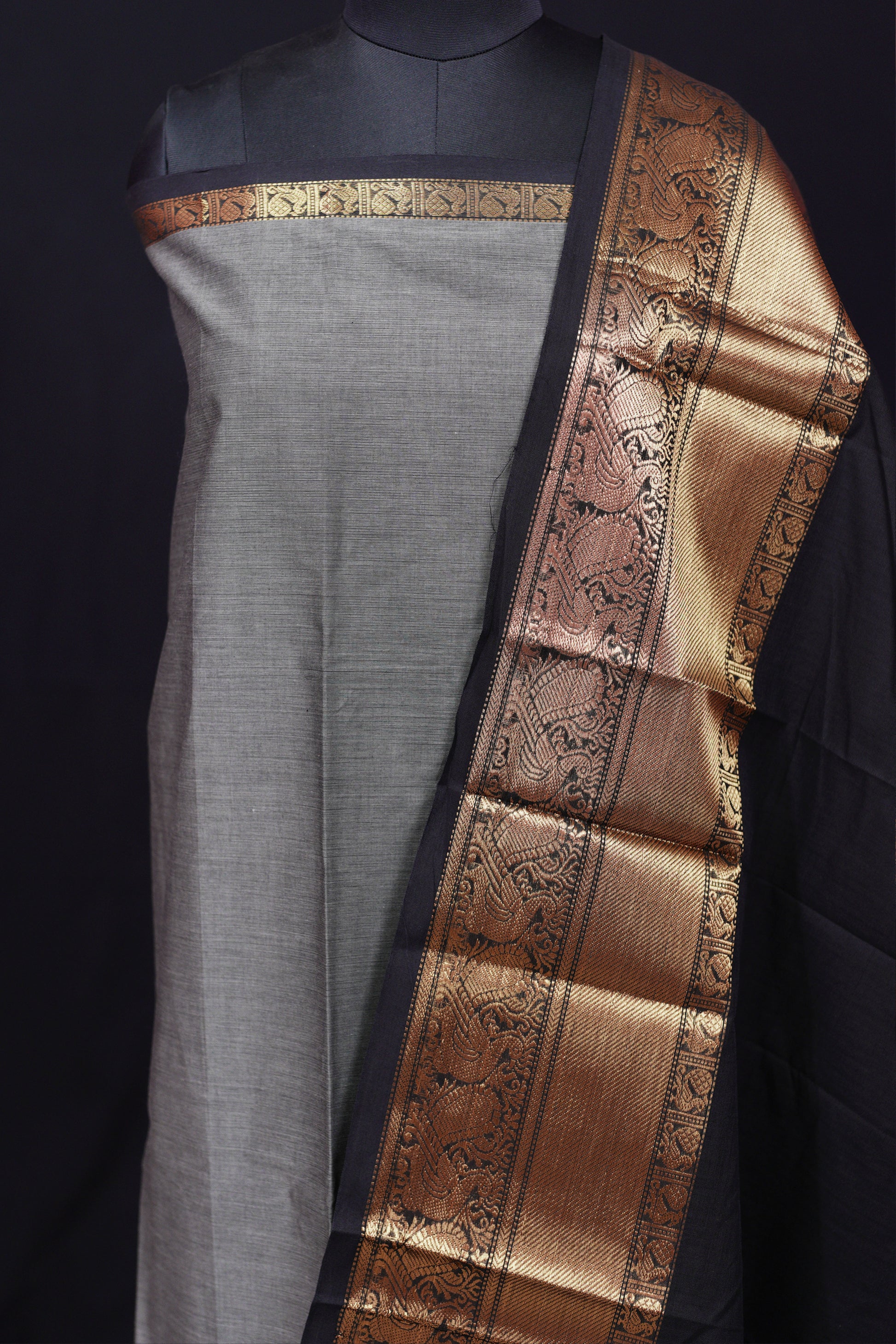 Gray and Black - Chettinad Cotton Unstitched Salwar Suit - #NC030