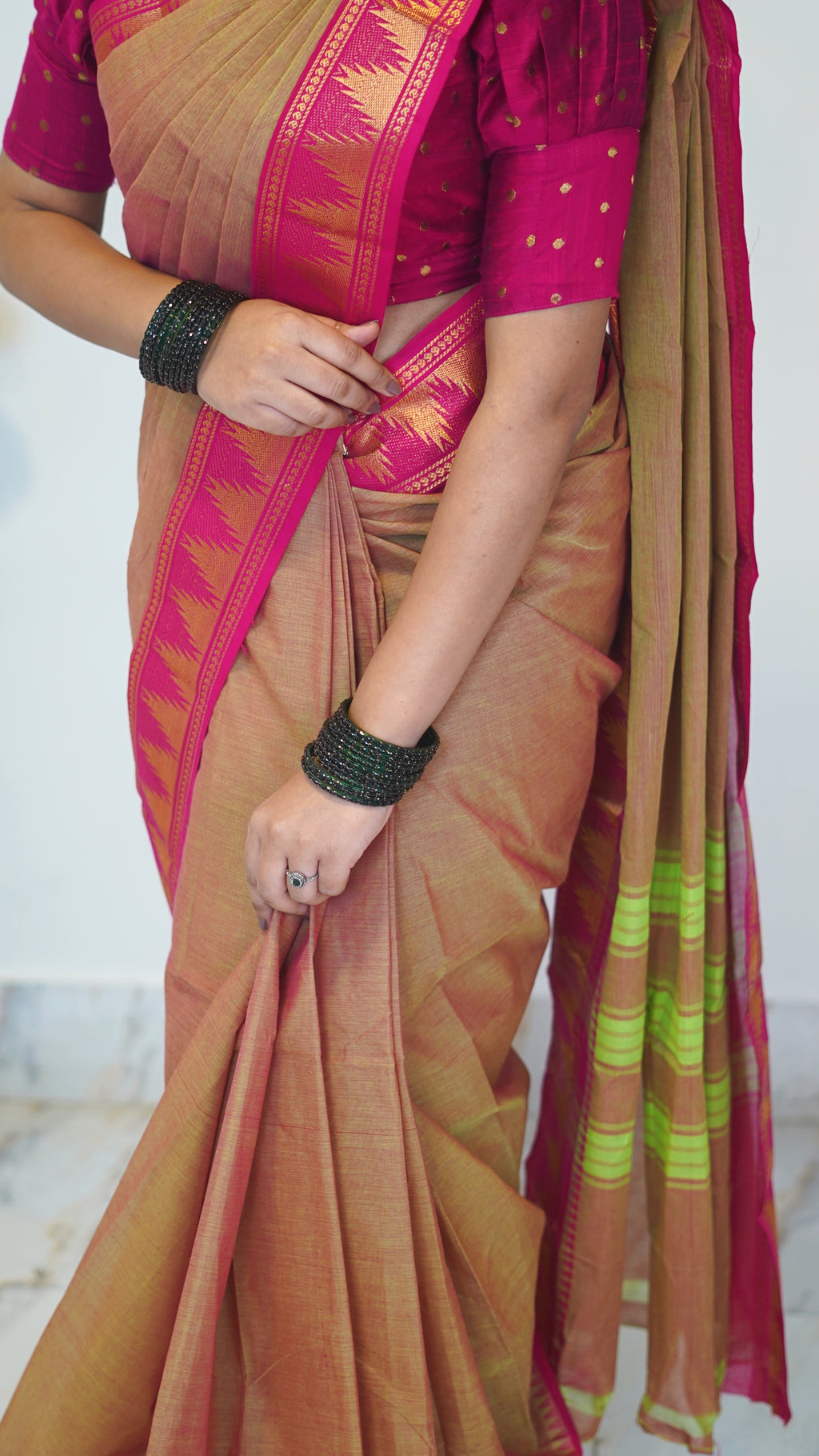 Reddish Green with Pink Border Chettinad Cotton Saree-#NS027