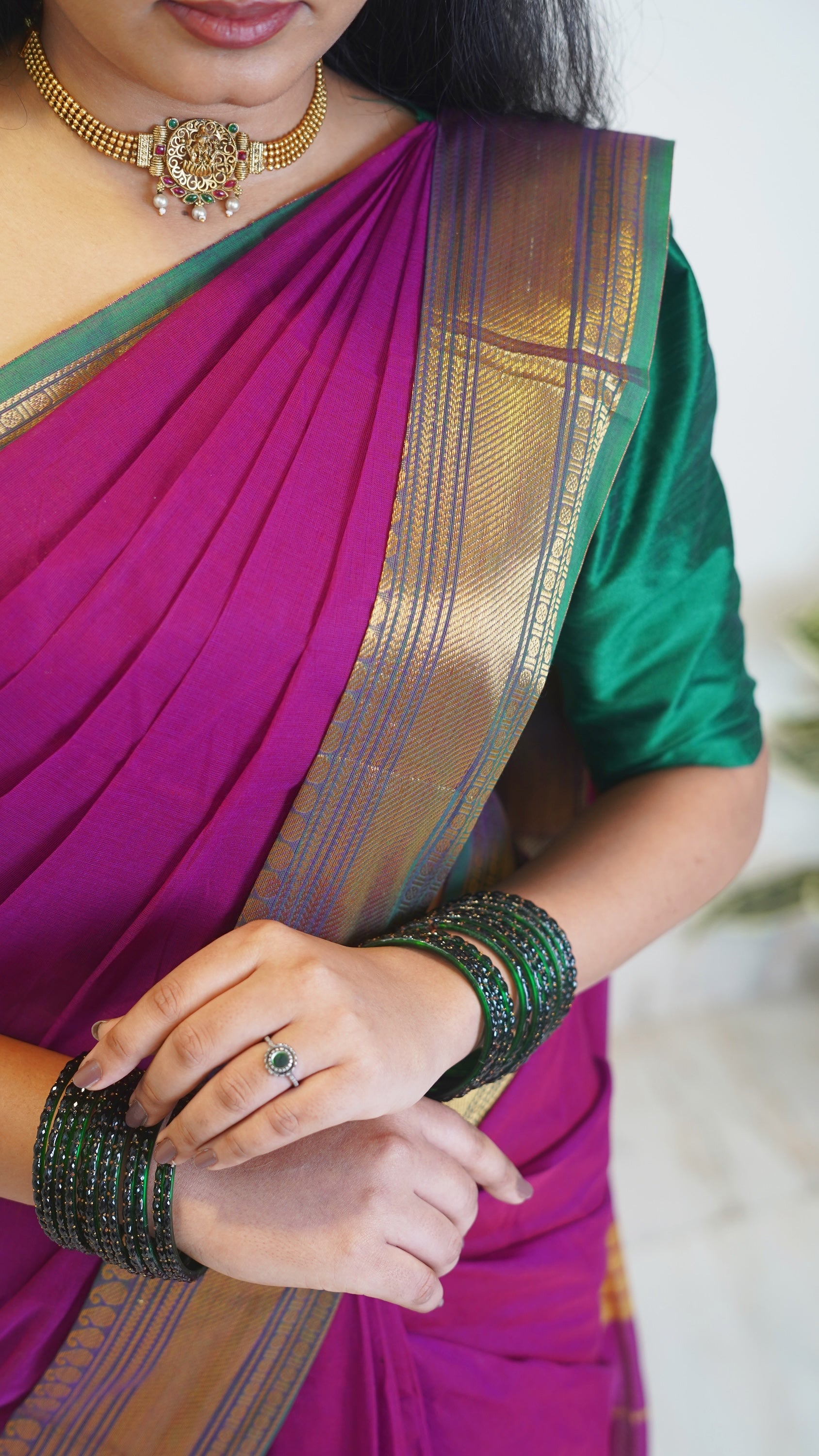Dark onion Pink with Green Border Chettinad Cotton Saree-#NS025