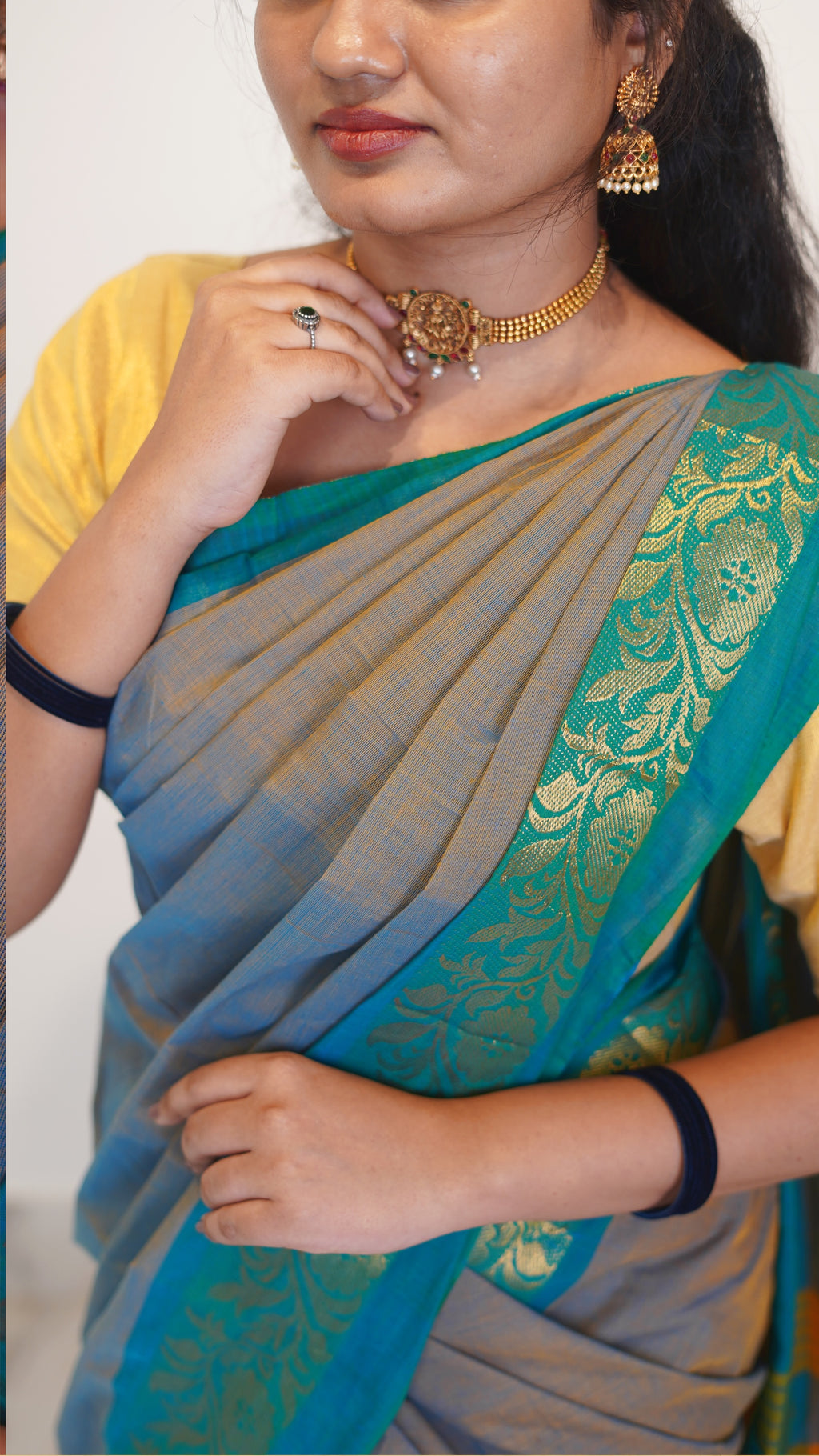 Gray with Teal Green Border Chettinad Cotton Saree-#NS031