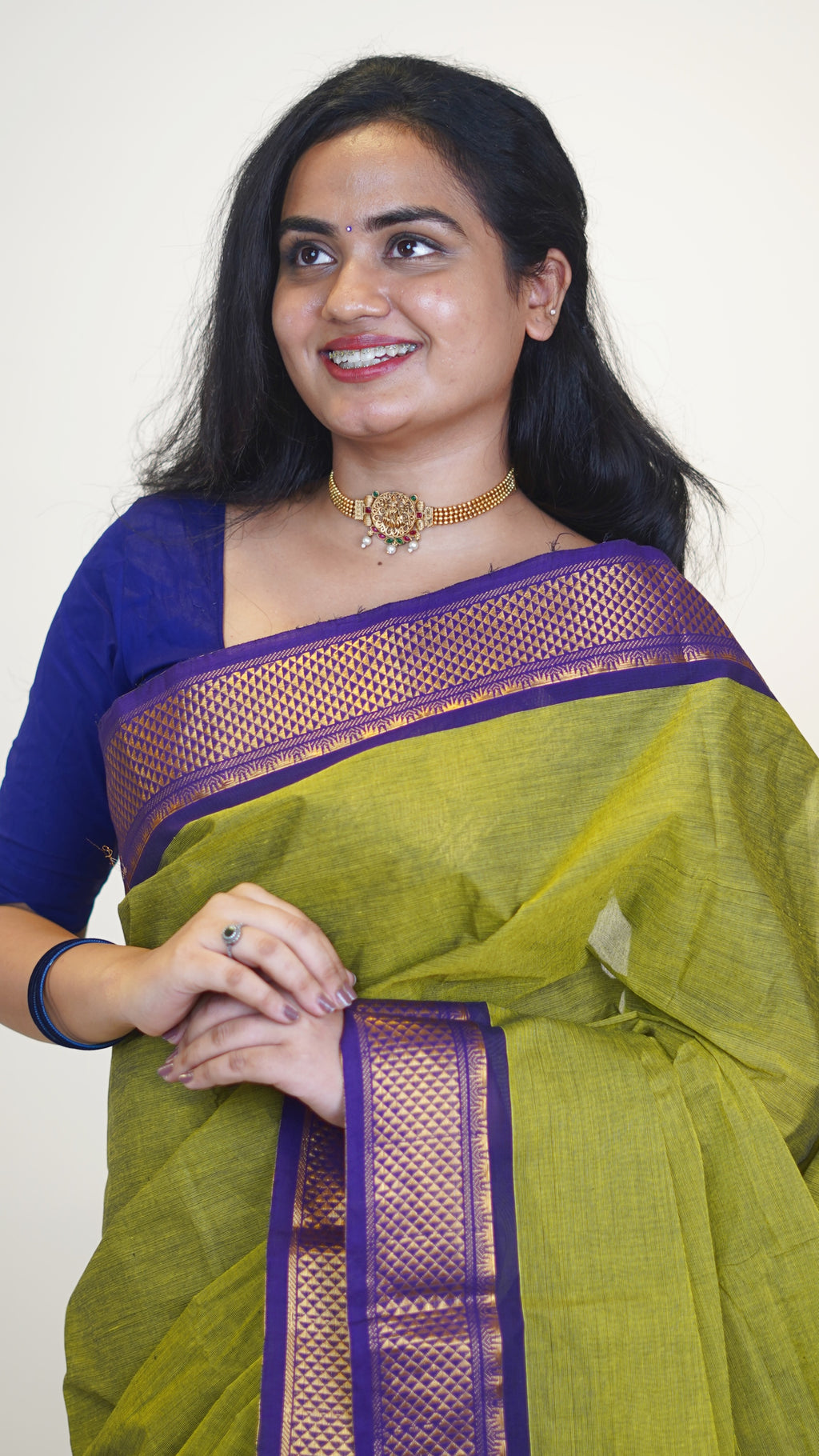 Green with Purple Border Chettinad Cotton Saree-#NS037